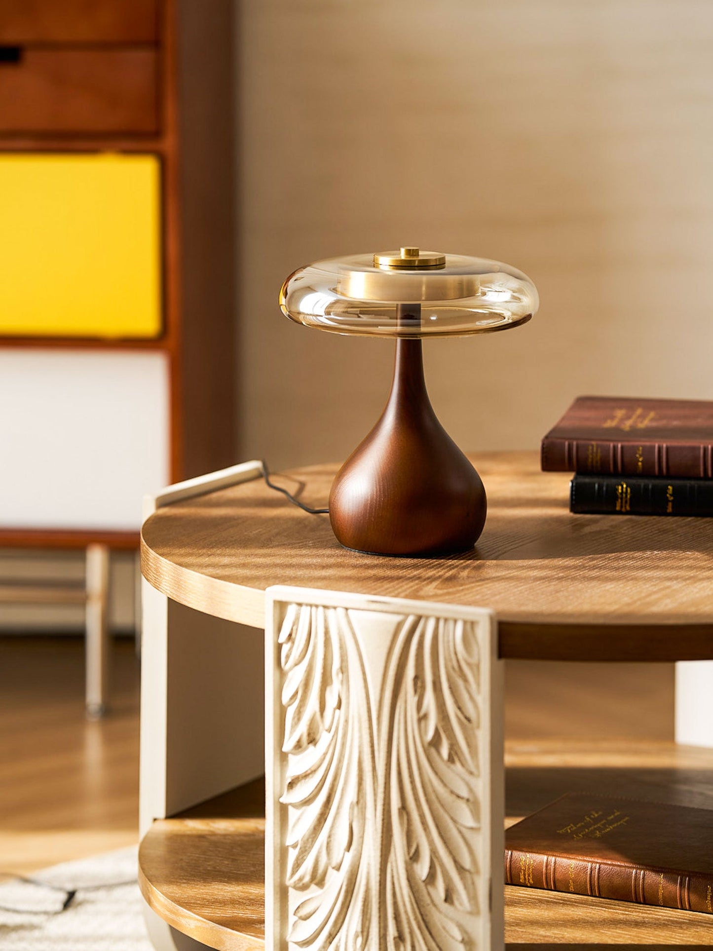 Cognac Glass and Walnut Table Lamp