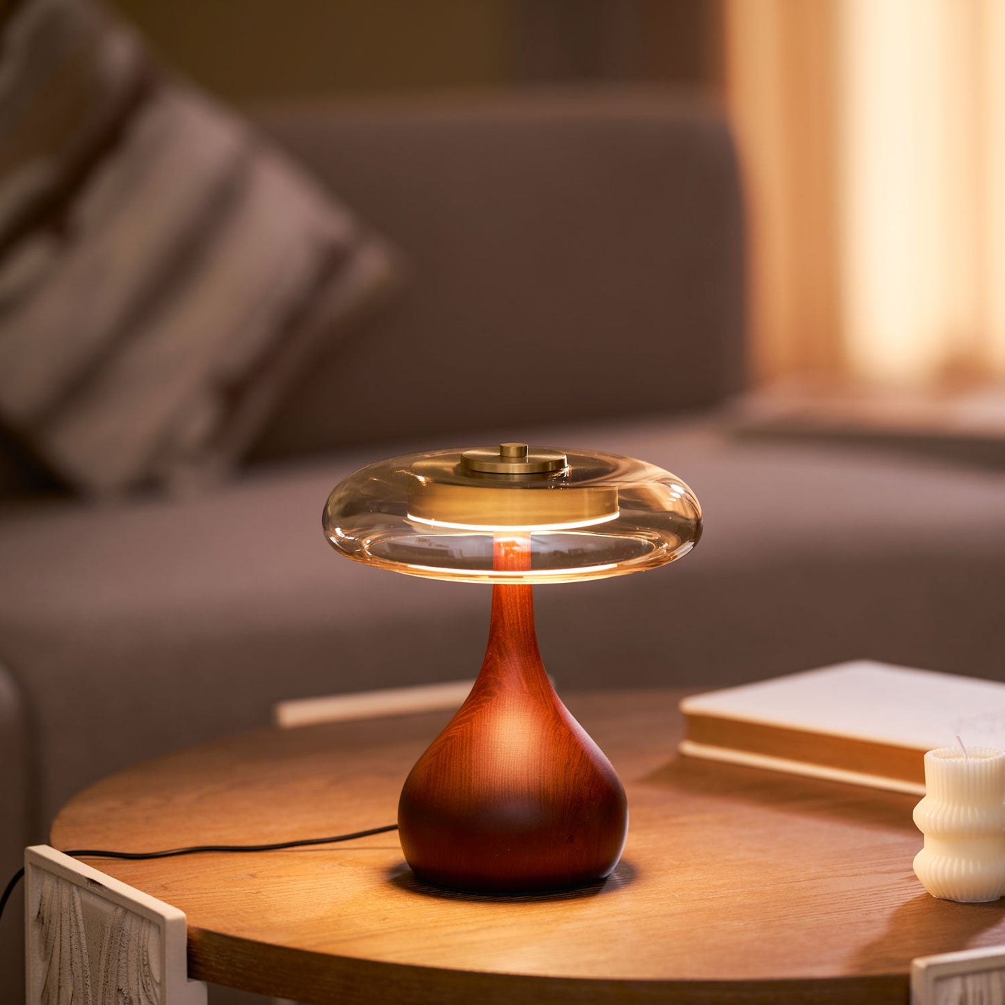 Cognac Glass and Walnut Table Lamp