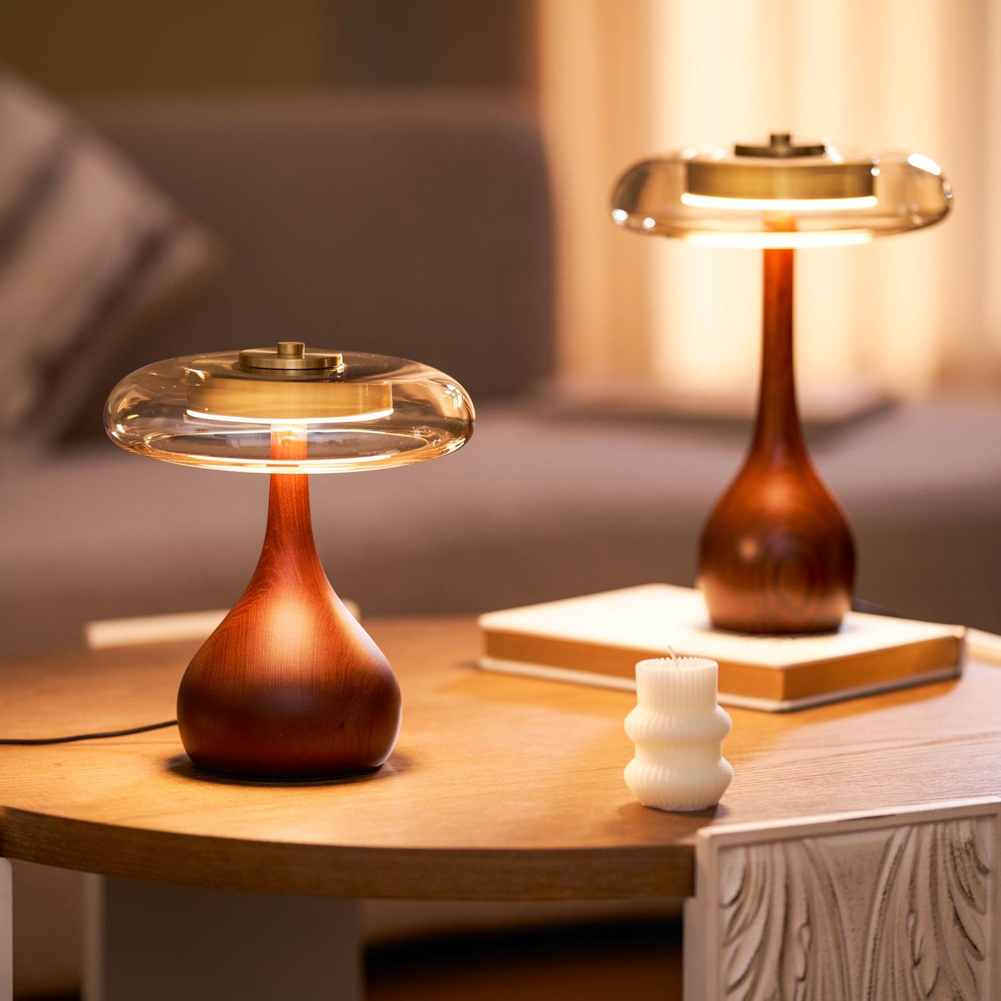 Cognac Glass and Walnut Table Lamp
