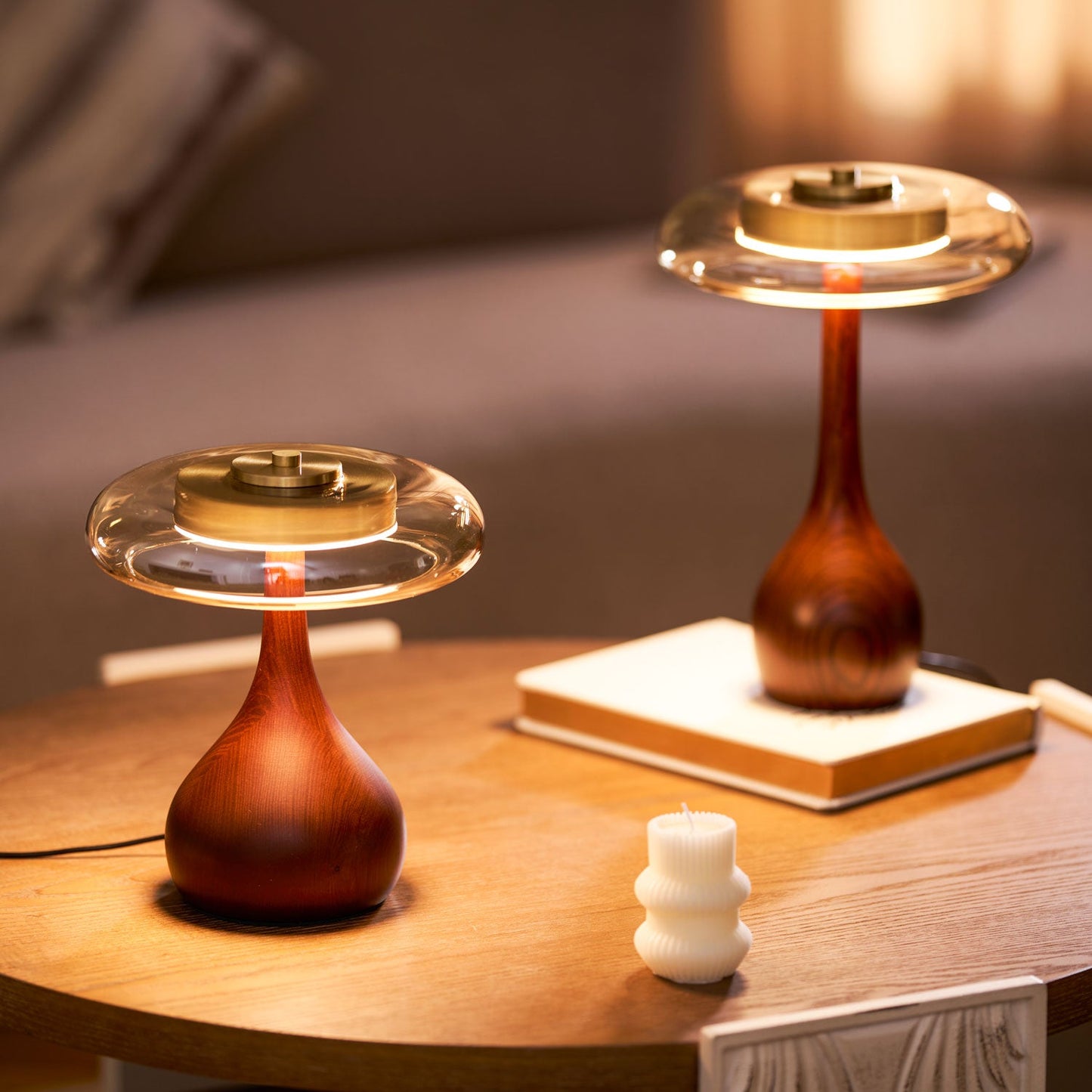 Cognac Glass and Walnut Table Lamp