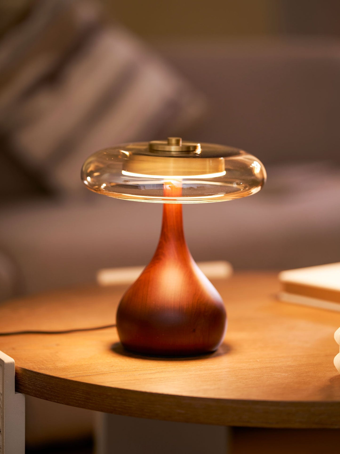 Cognac Glass and Walnut Table Lamp