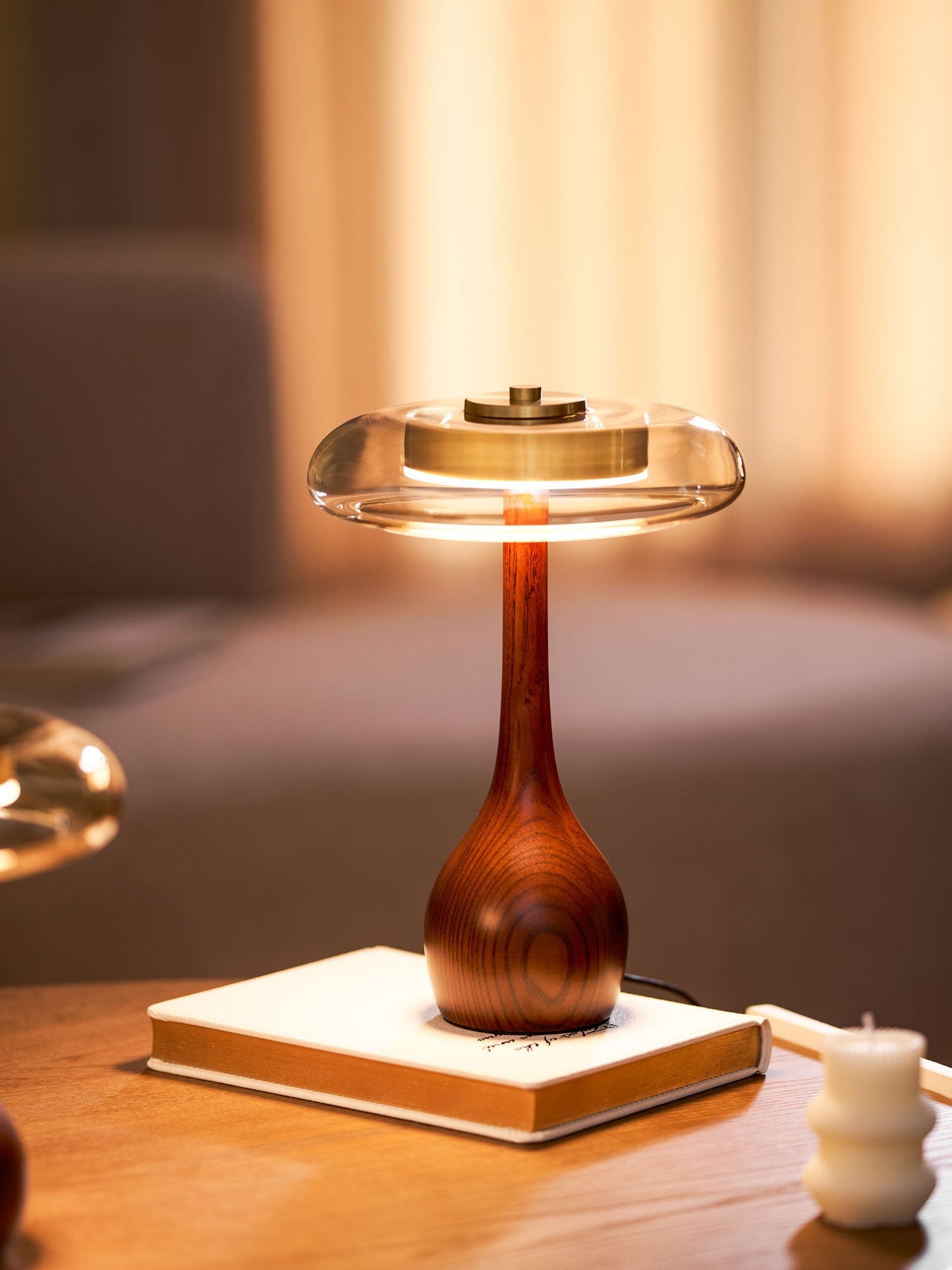 Cognac Glass and Walnut Table Lamp