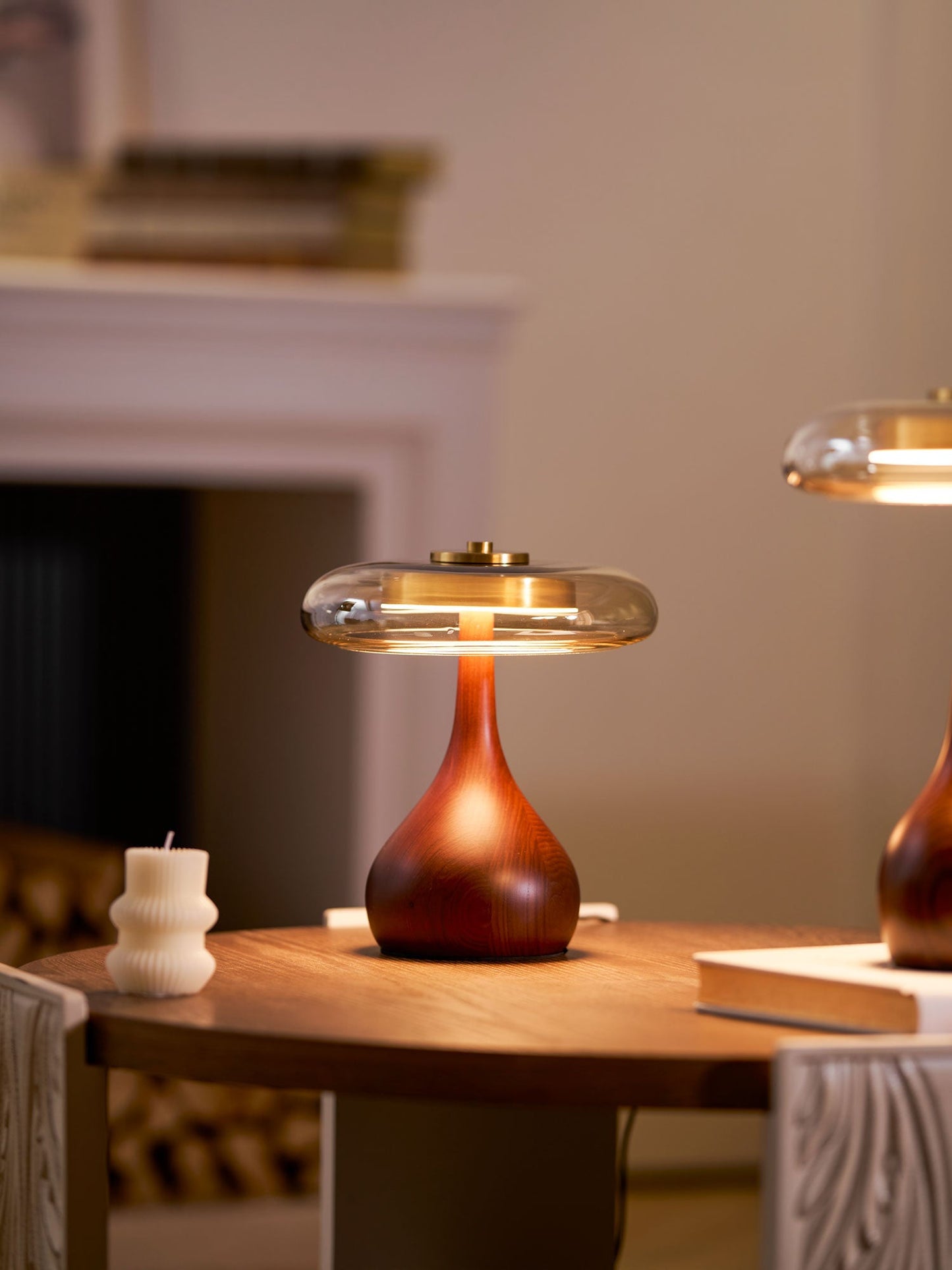 Cognac Glass and Walnut Table Lamp