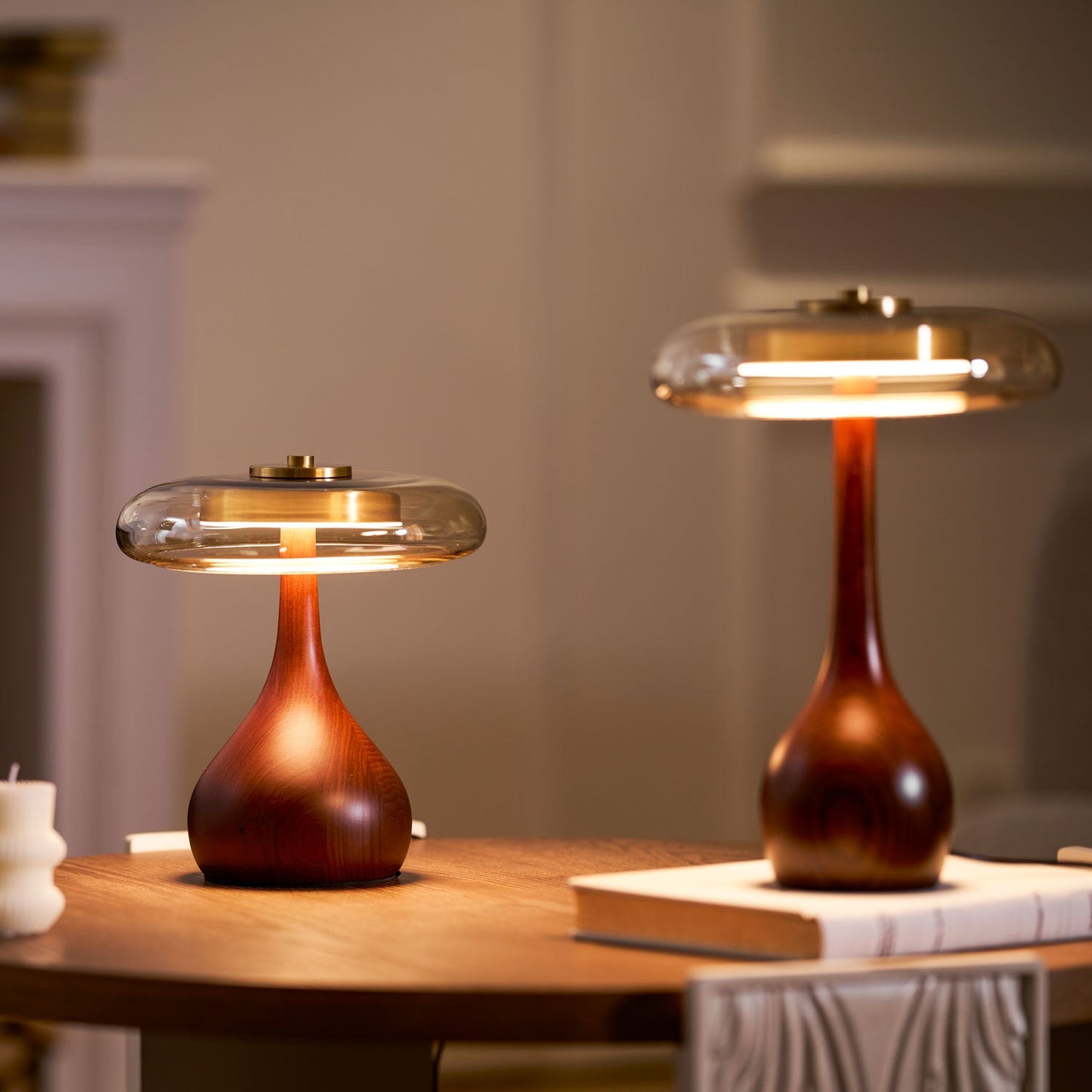 Cognac Glass and Walnut Table Lamp