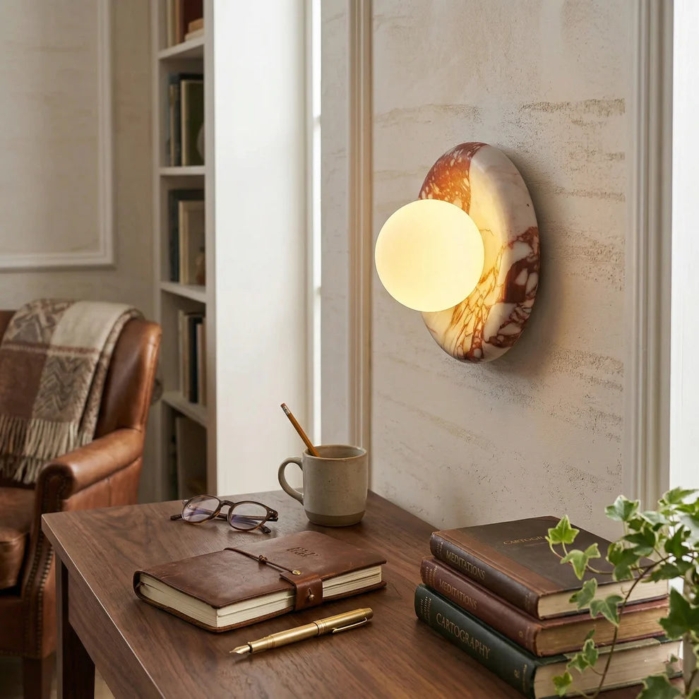 Strata Wall Sconce — Natural Stone Sconce with Frosted Glass Globe