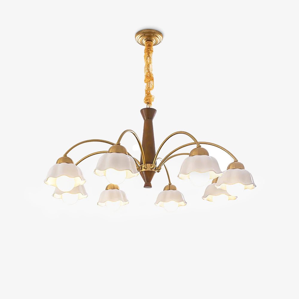 Mid Century Walnut and Brass Chandelier