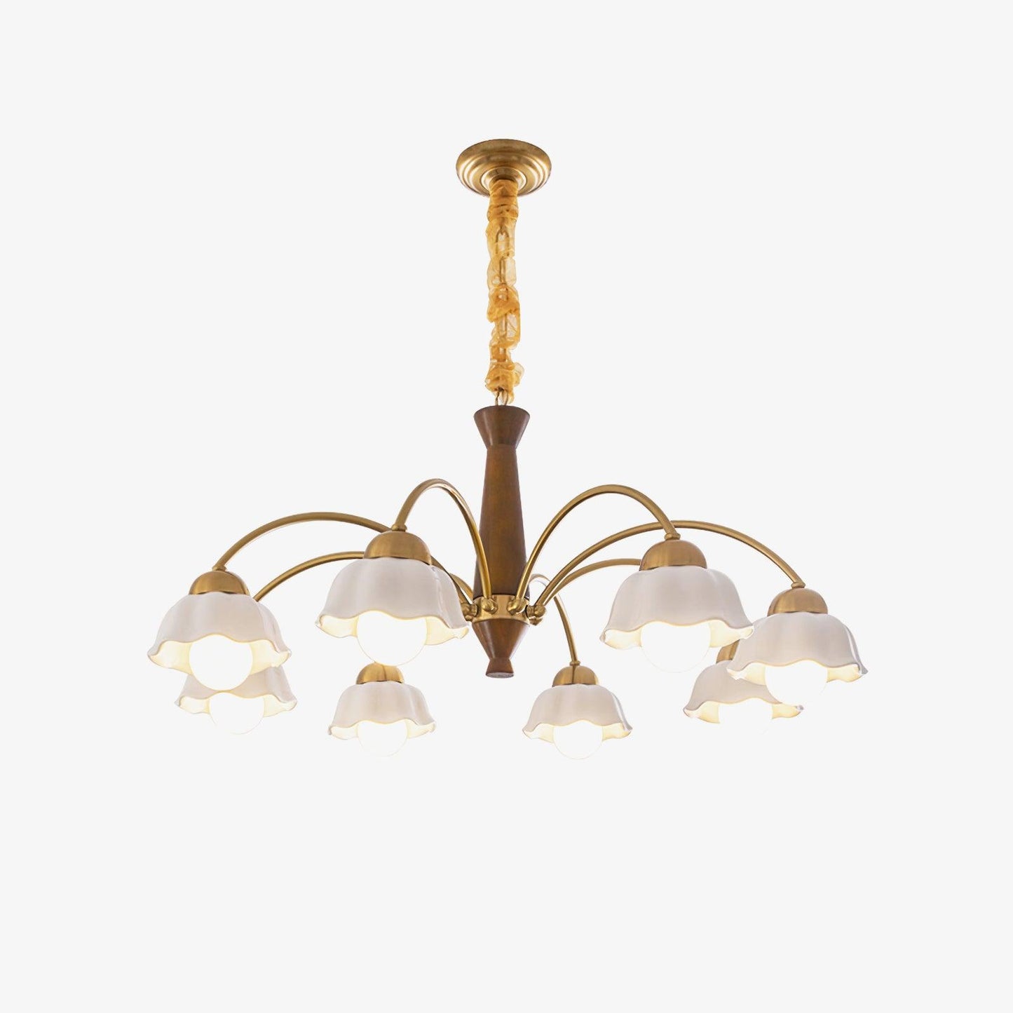 Mid Century Walnut and Brass Chandelier