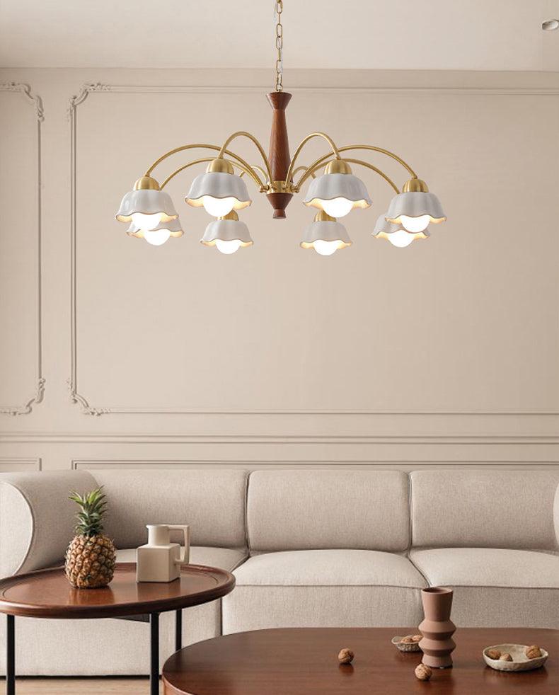 Mid Century Walnut and Brass Chandelier
