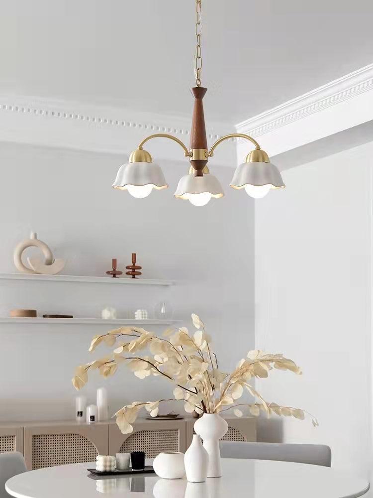 Mid Century Walnut and Brass Chandelier