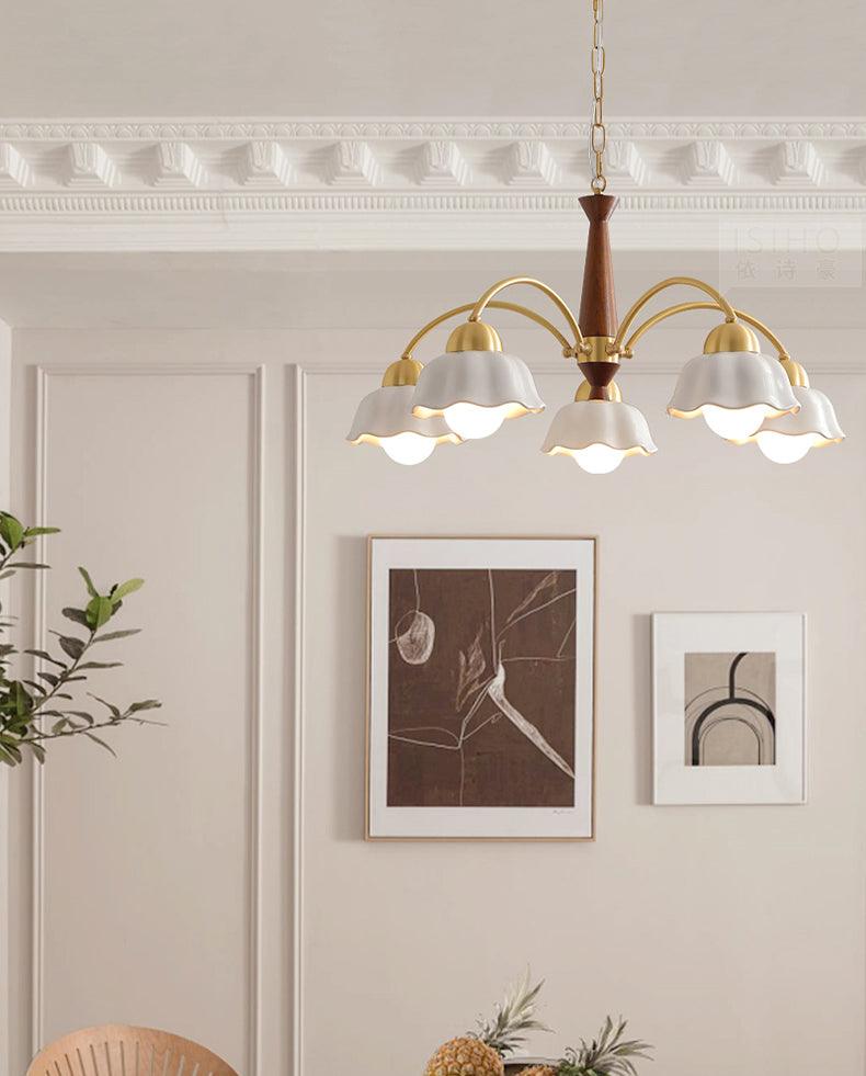 Mid Century Walnut and Brass Chandelier