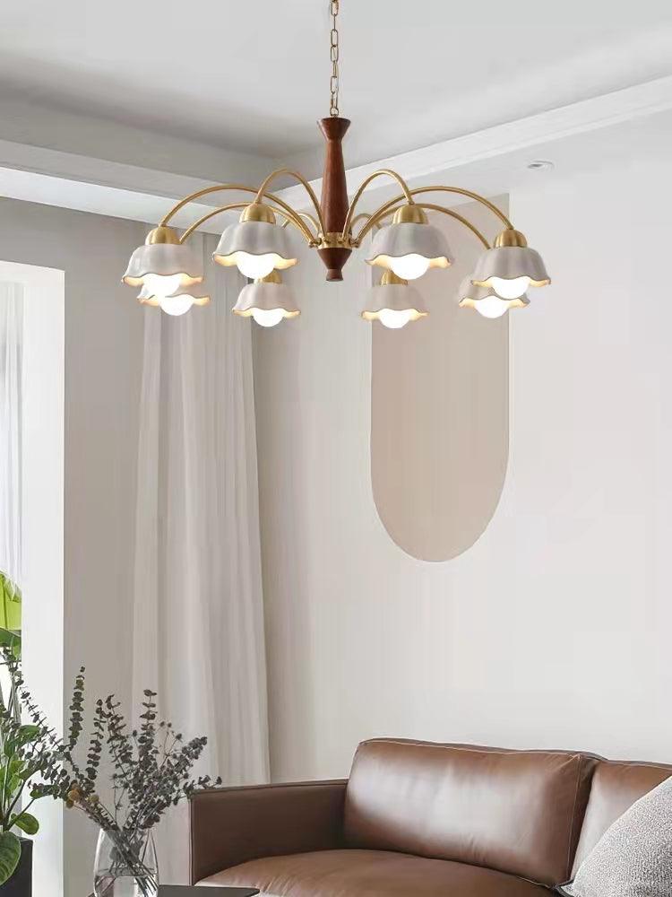 Mid Century Walnut and Brass Chandelier