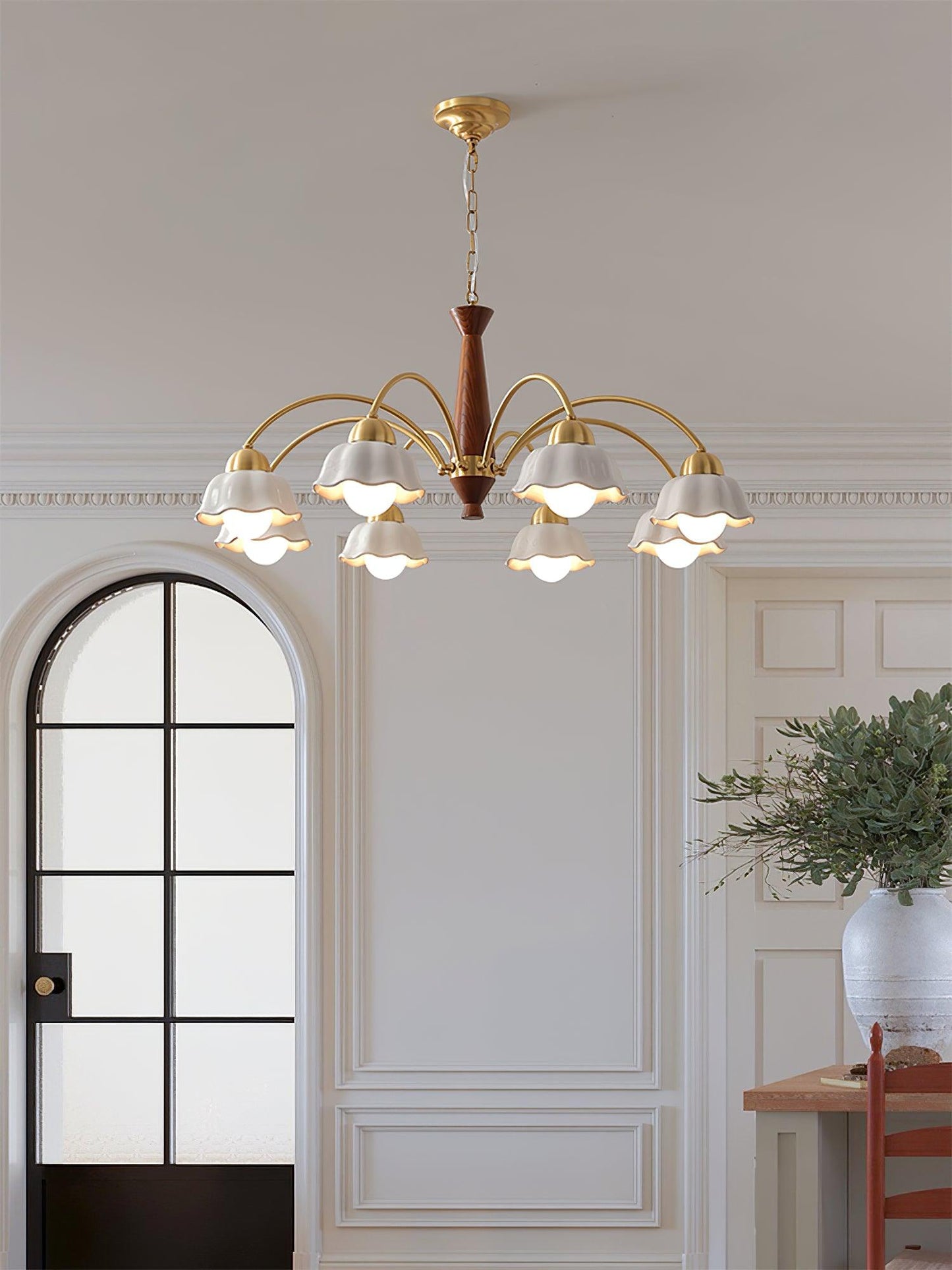 Mid Century Walnut and Brass Chandelier