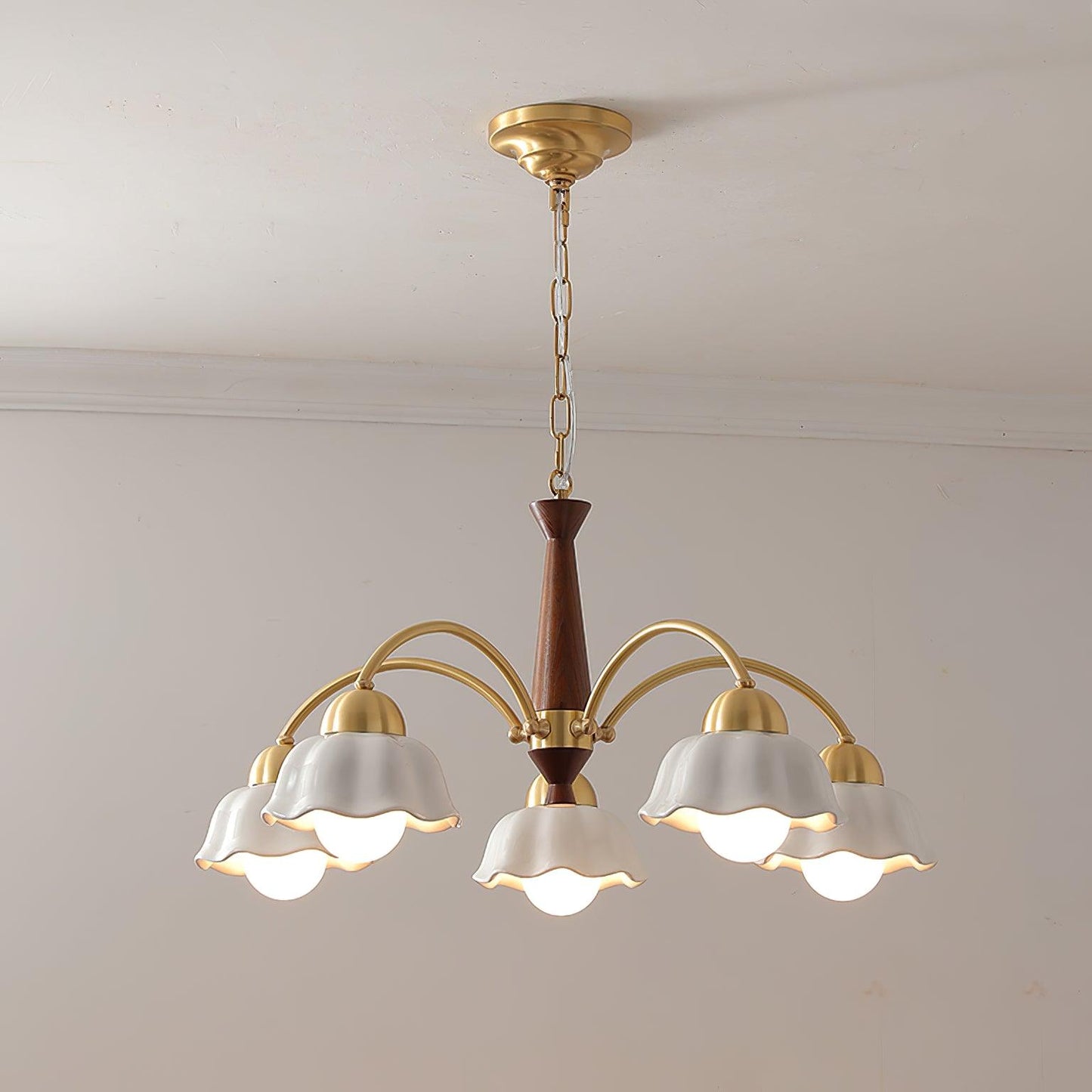 Mid Century Walnut and Brass Chandelier