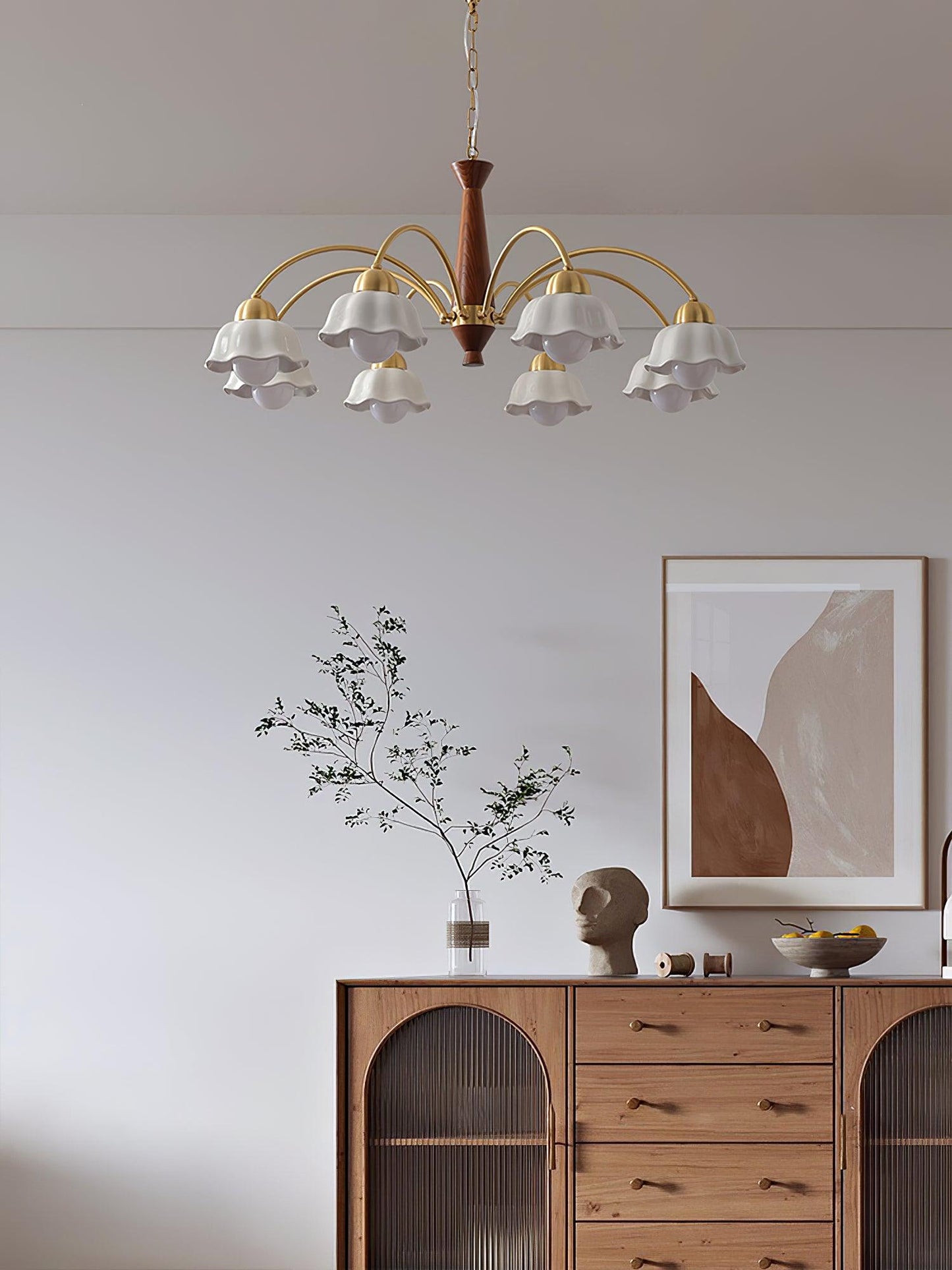 Mid Century Walnut and Brass Chandelier