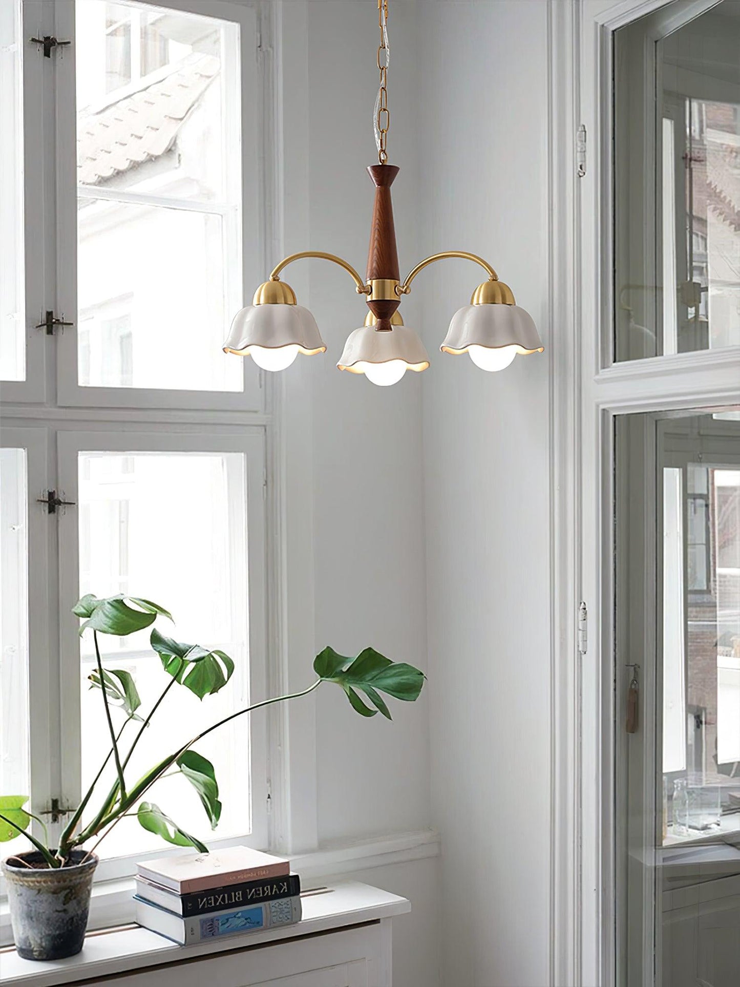 Mid Century Walnut and Brass Chandelier