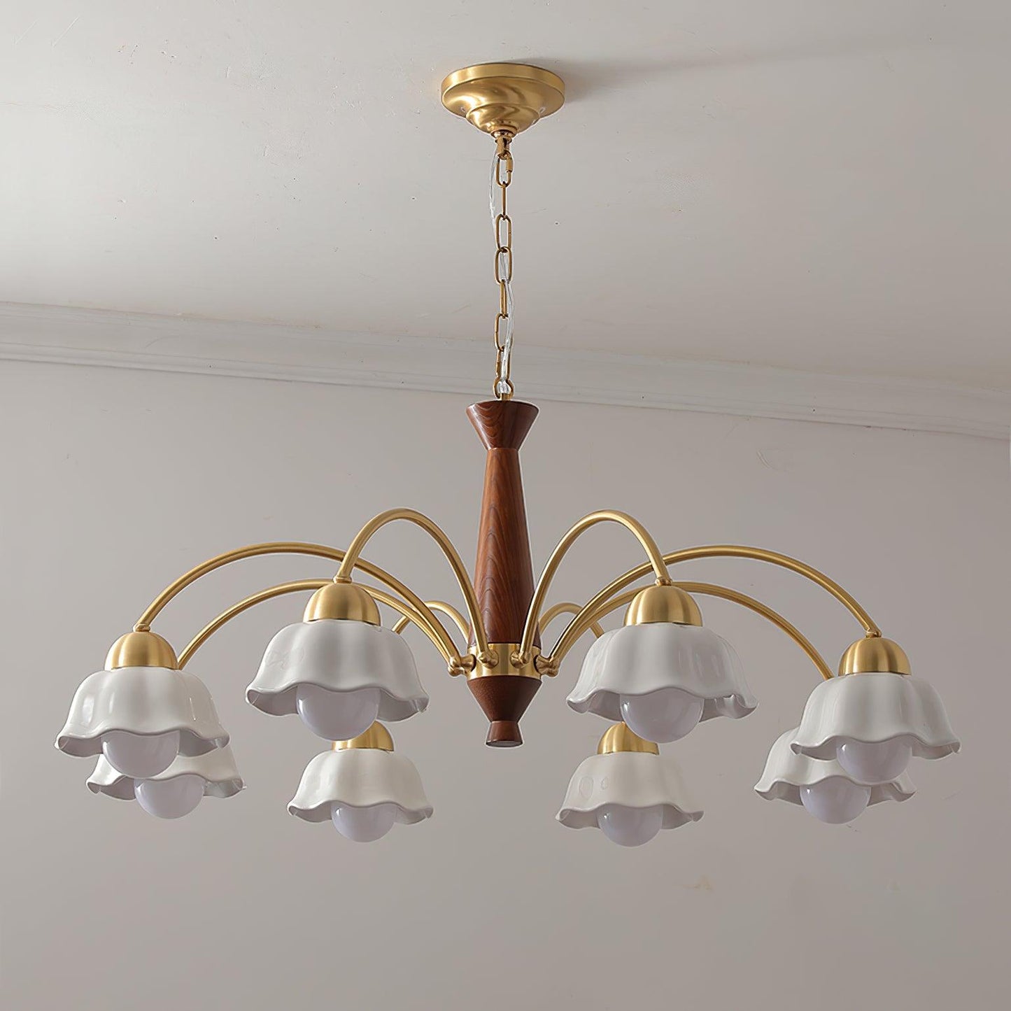 Mid Century Walnut and Brass Chandelier