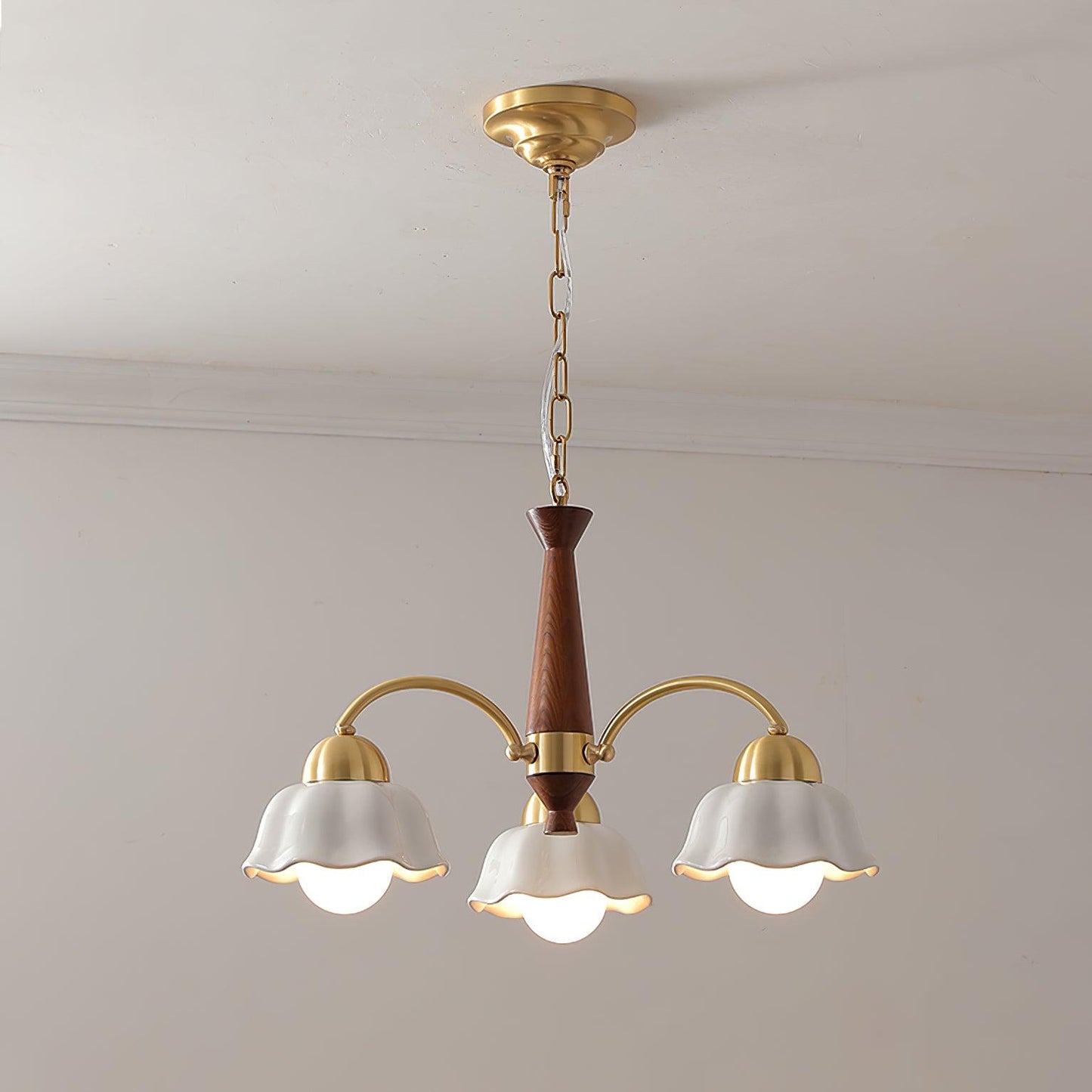 Mid Century Walnut and Brass Chandelier