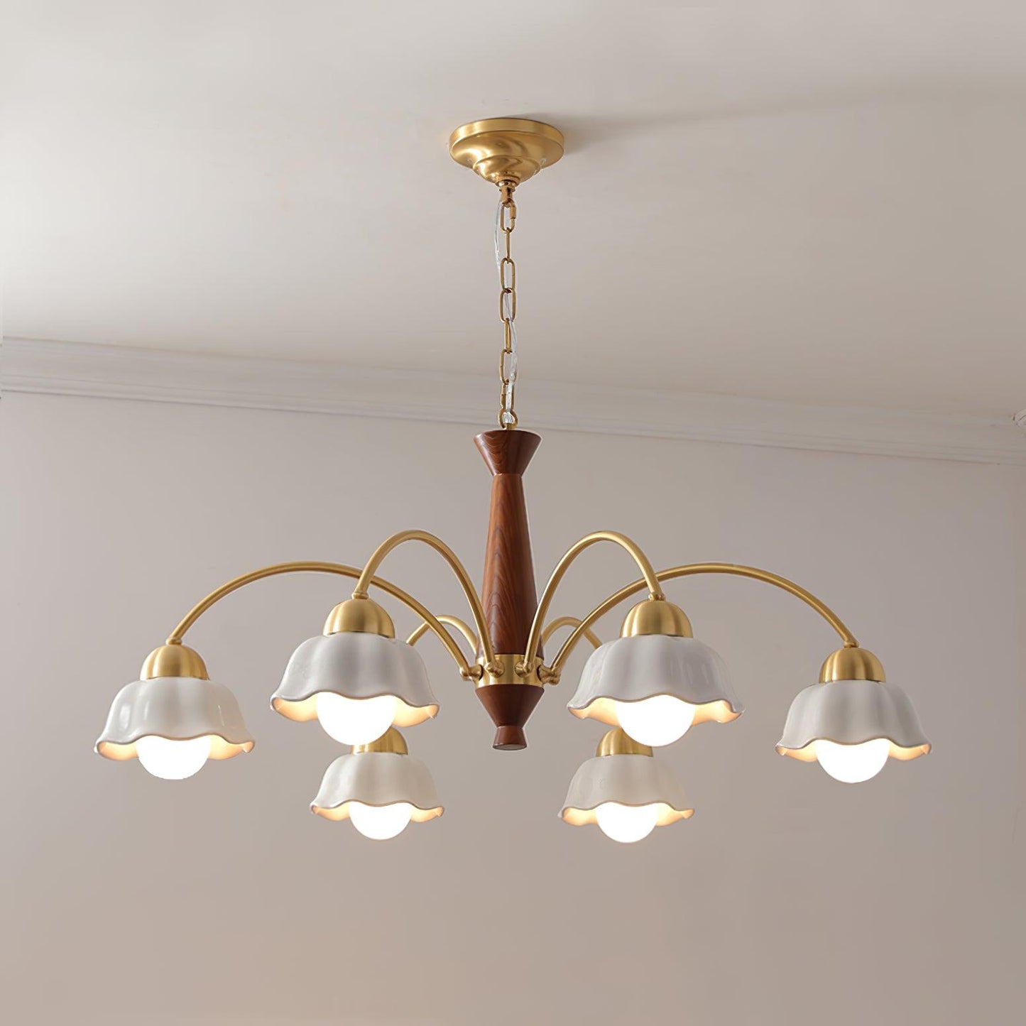 Mid Century Walnut and Brass Chandelier