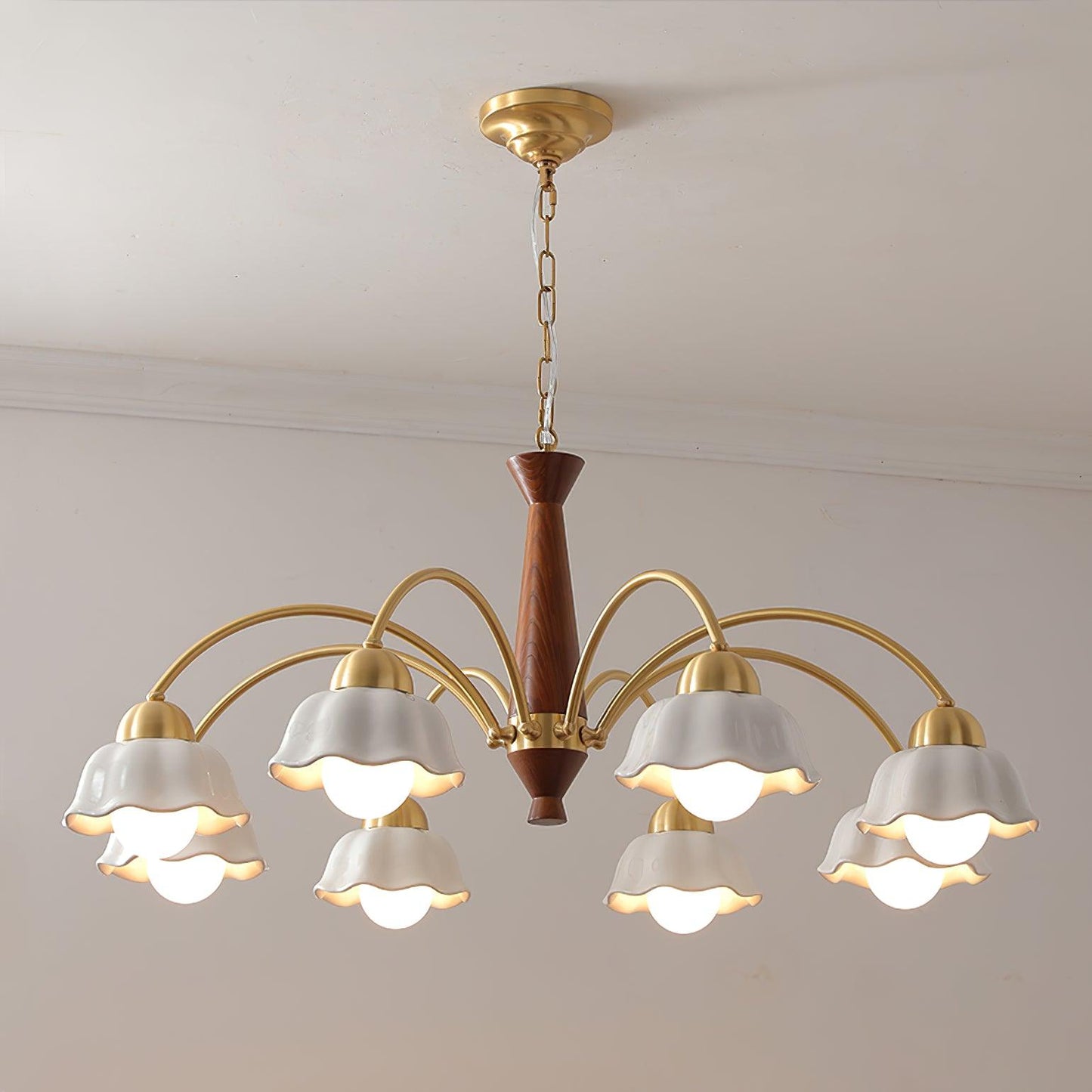 Mid Century Walnut and Brass Chandelier