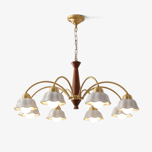 Mid Century Walnut and Brass Chandelier