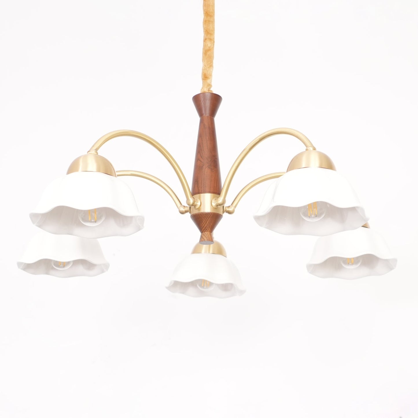 Mid Century Walnut and Brass Chandelier