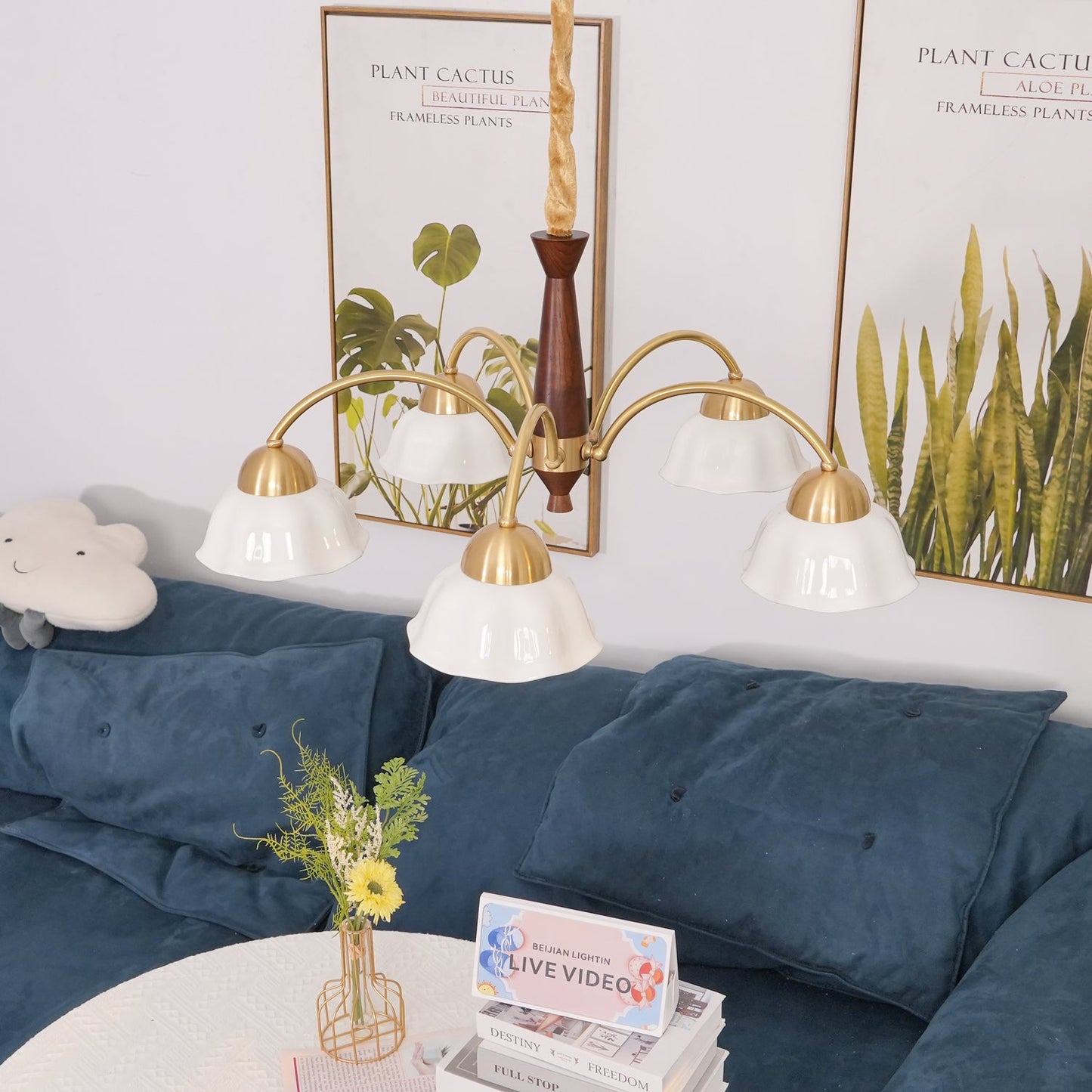 Mid Century Walnut and Brass Chandelier