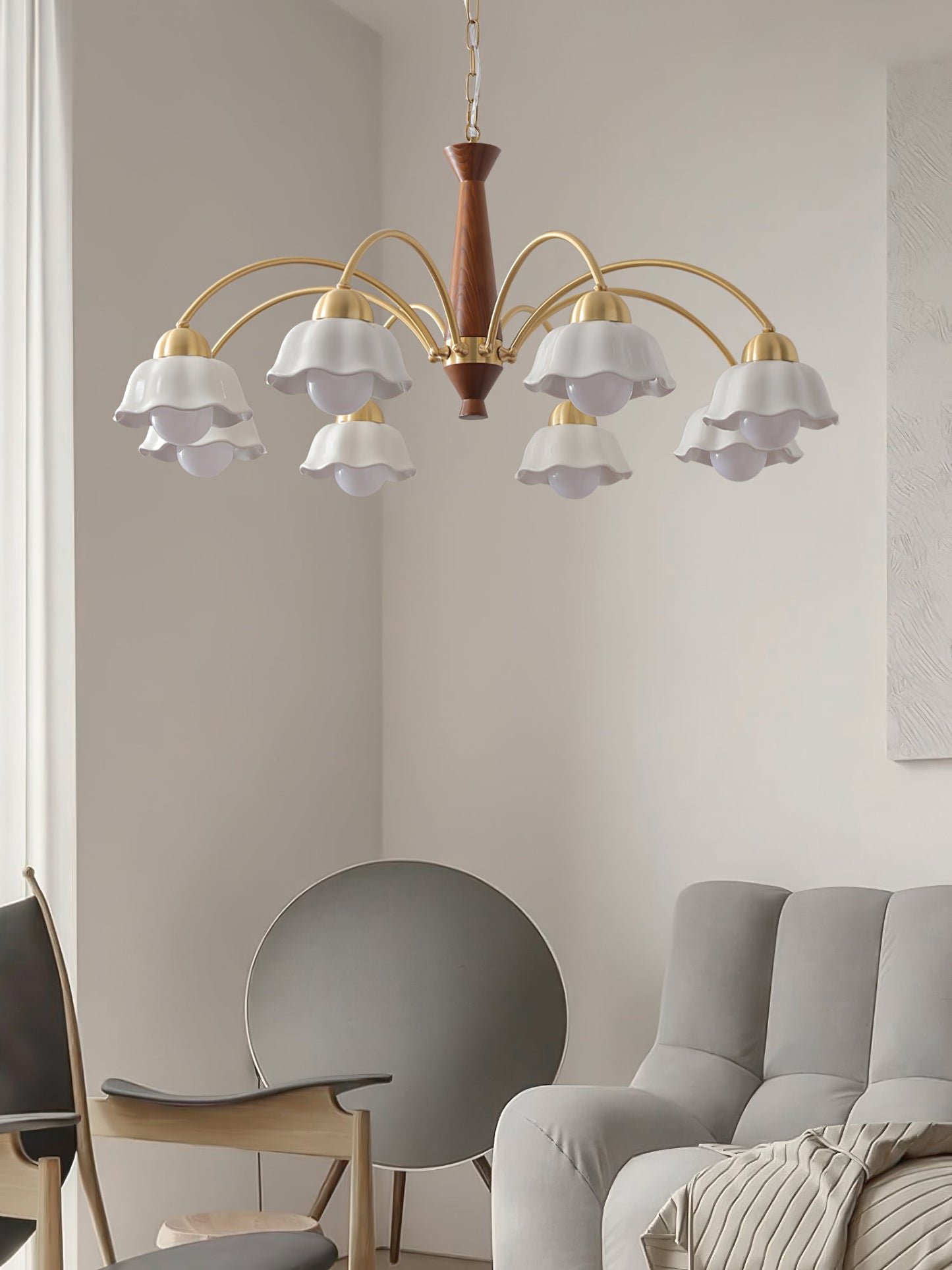 Mid Century Walnut and Brass Chandelier
