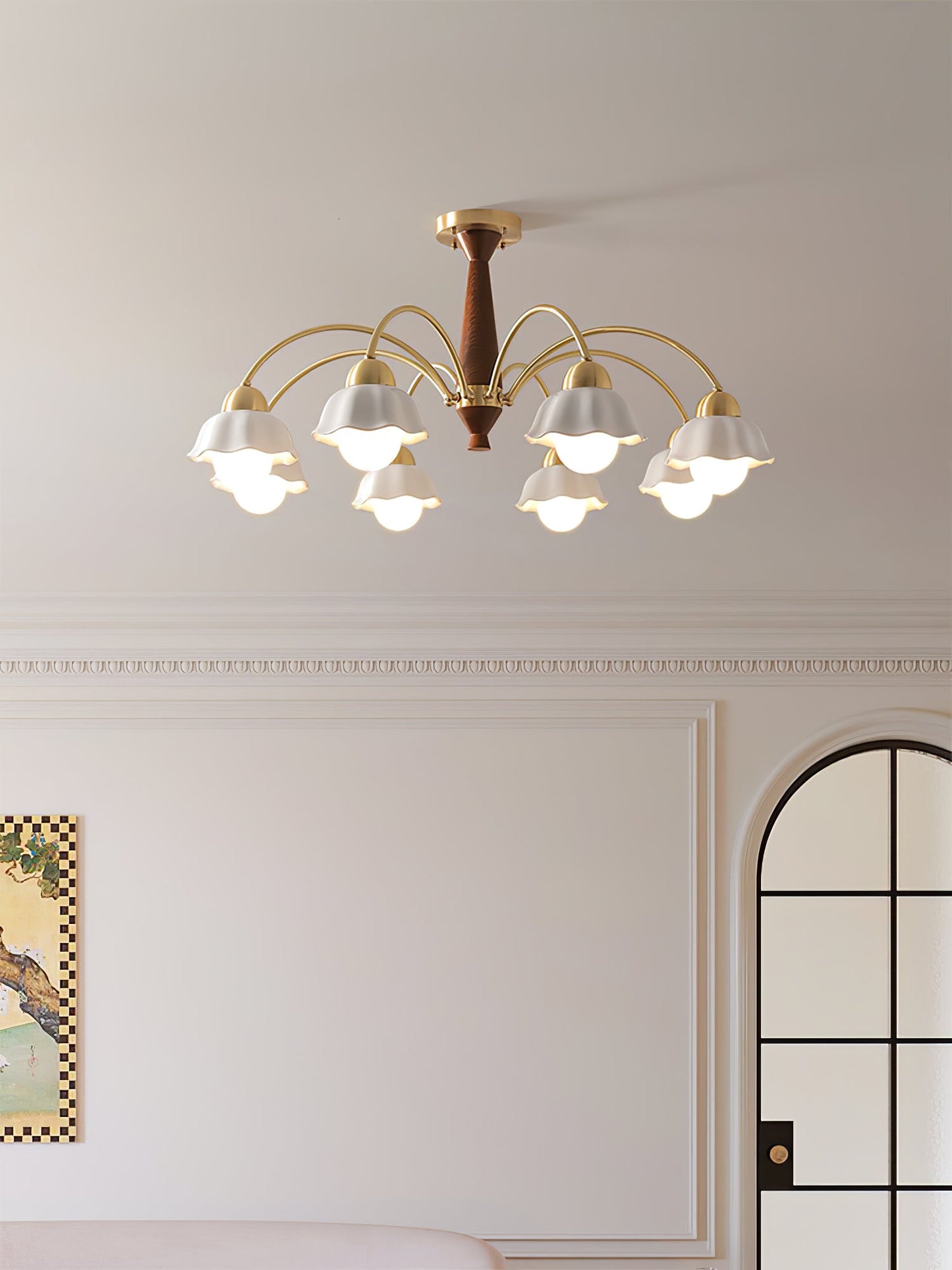 Mid Century Walnut and Brass Chandelier