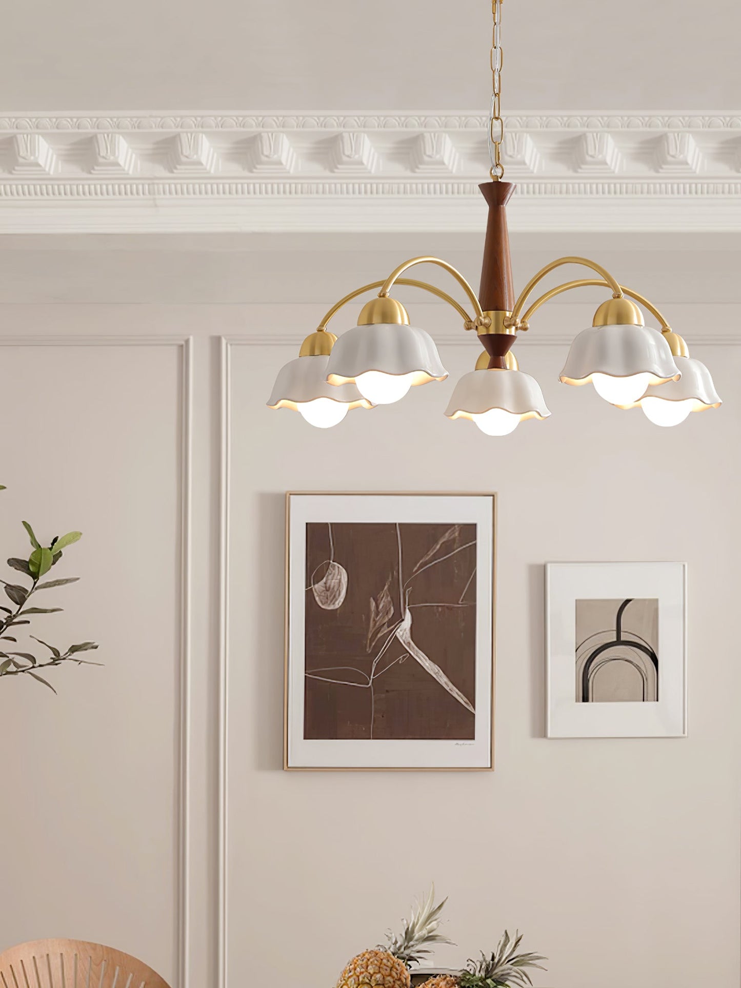 Mid Century Walnut and Brass Chandelier
