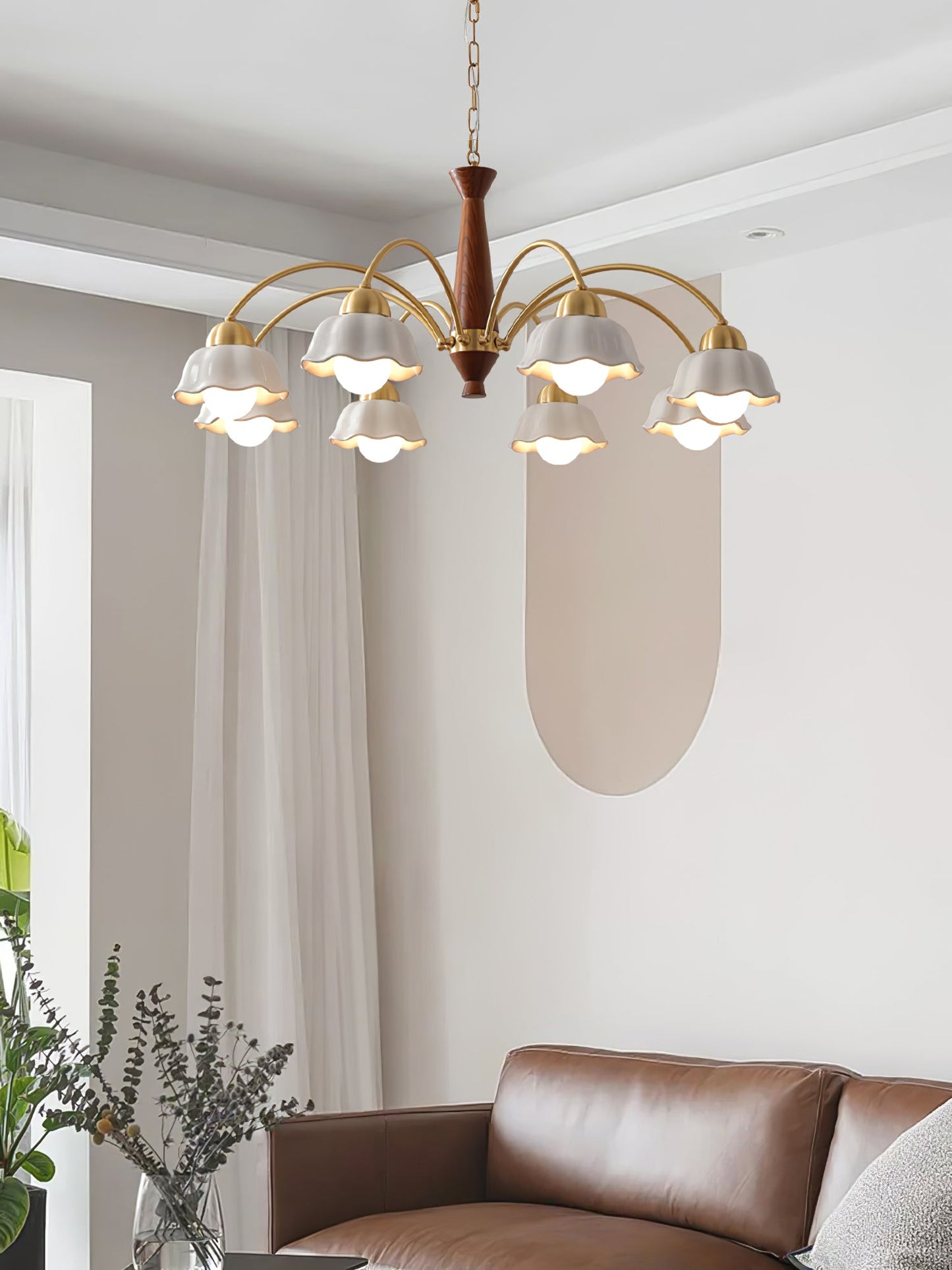 Mid Century Walnut and Brass Chandelier