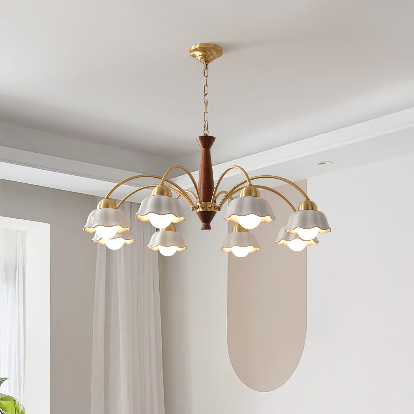 Mid Century Walnut and Brass Chandelier