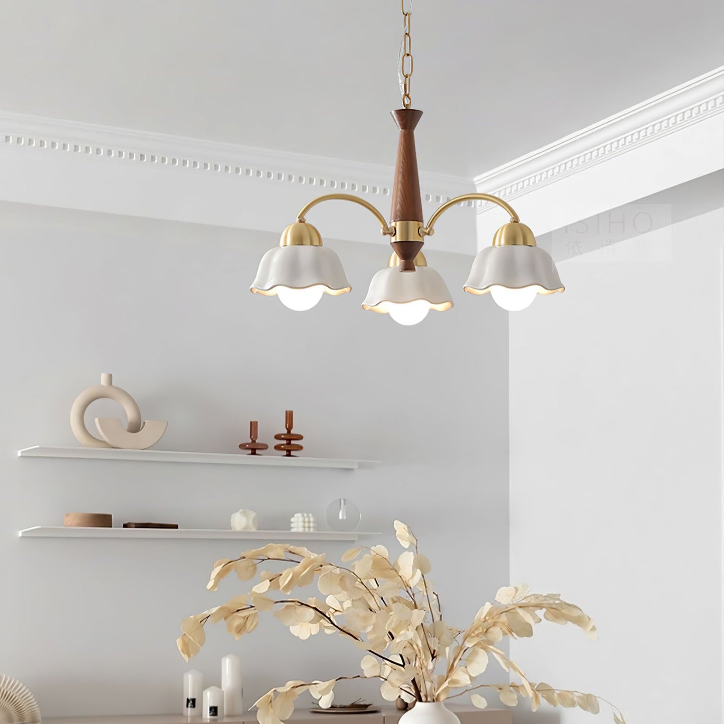 Mid Century Walnut and Brass Chandelier