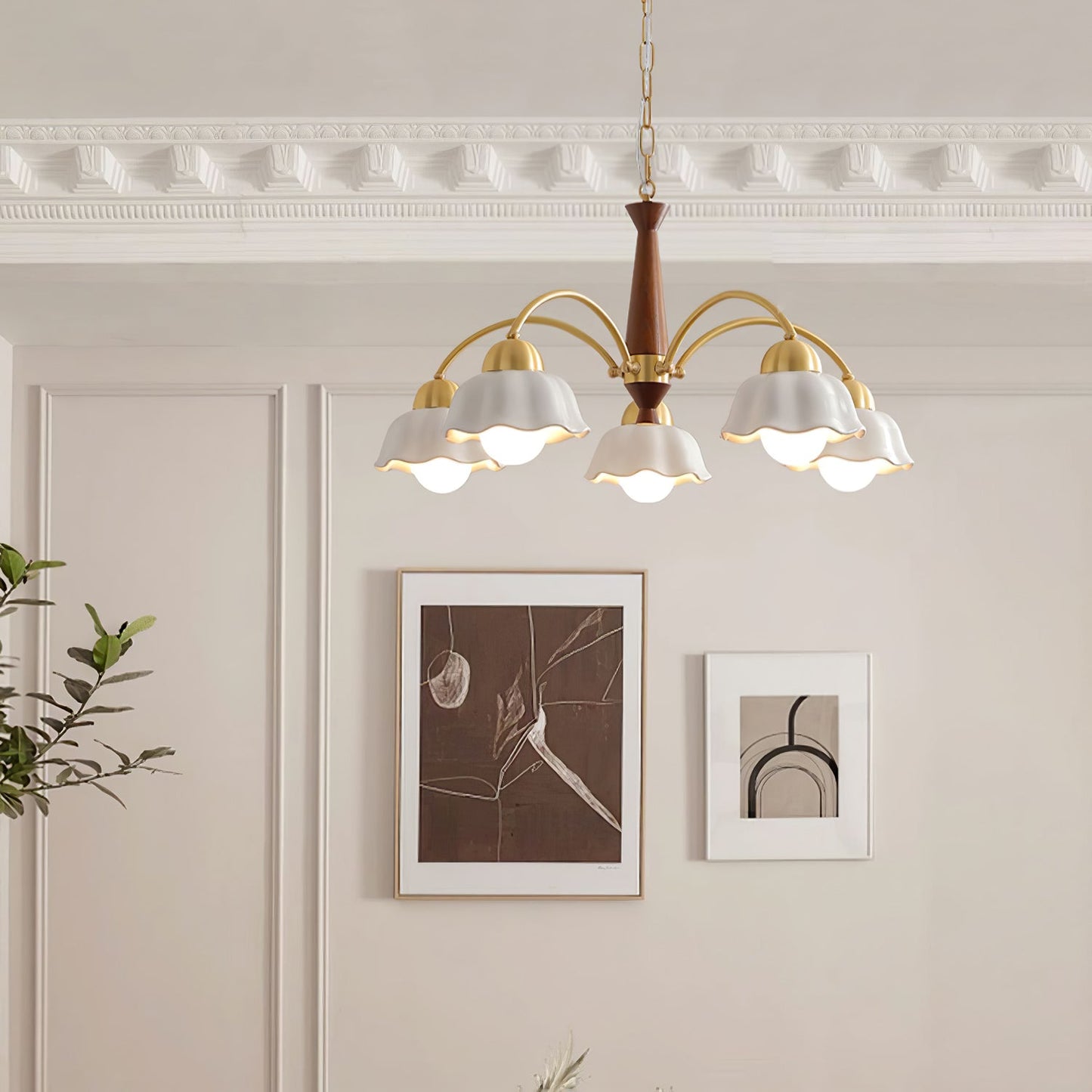 Mid Century Walnut and Brass Chandelier