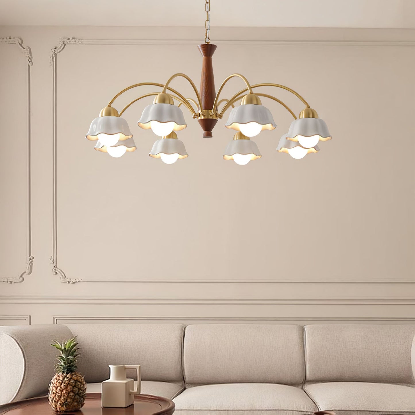 Mid Century Walnut and Brass Chandelier