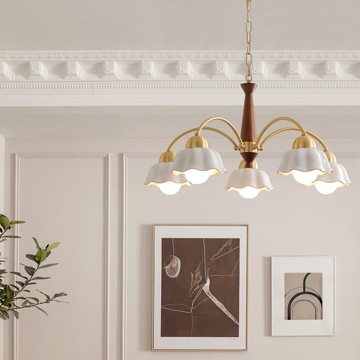 Mid Century Walnut and Brass Chandelier