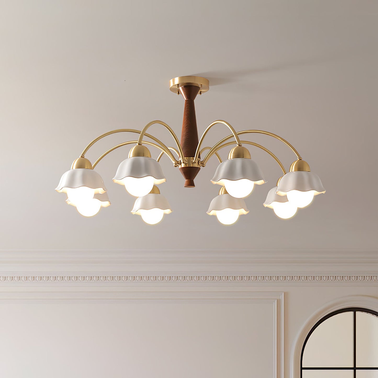 Mid Century Walnut and Brass Chandelier