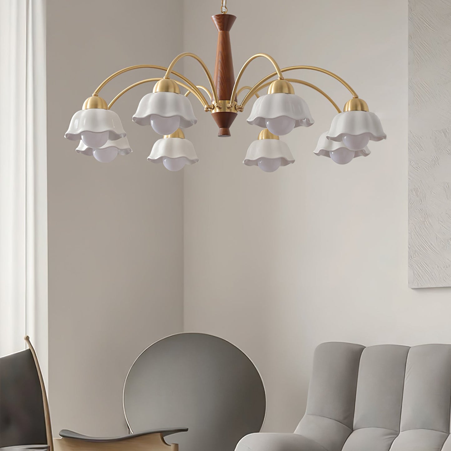 Mid Century Walnut and Brass Chandelier
