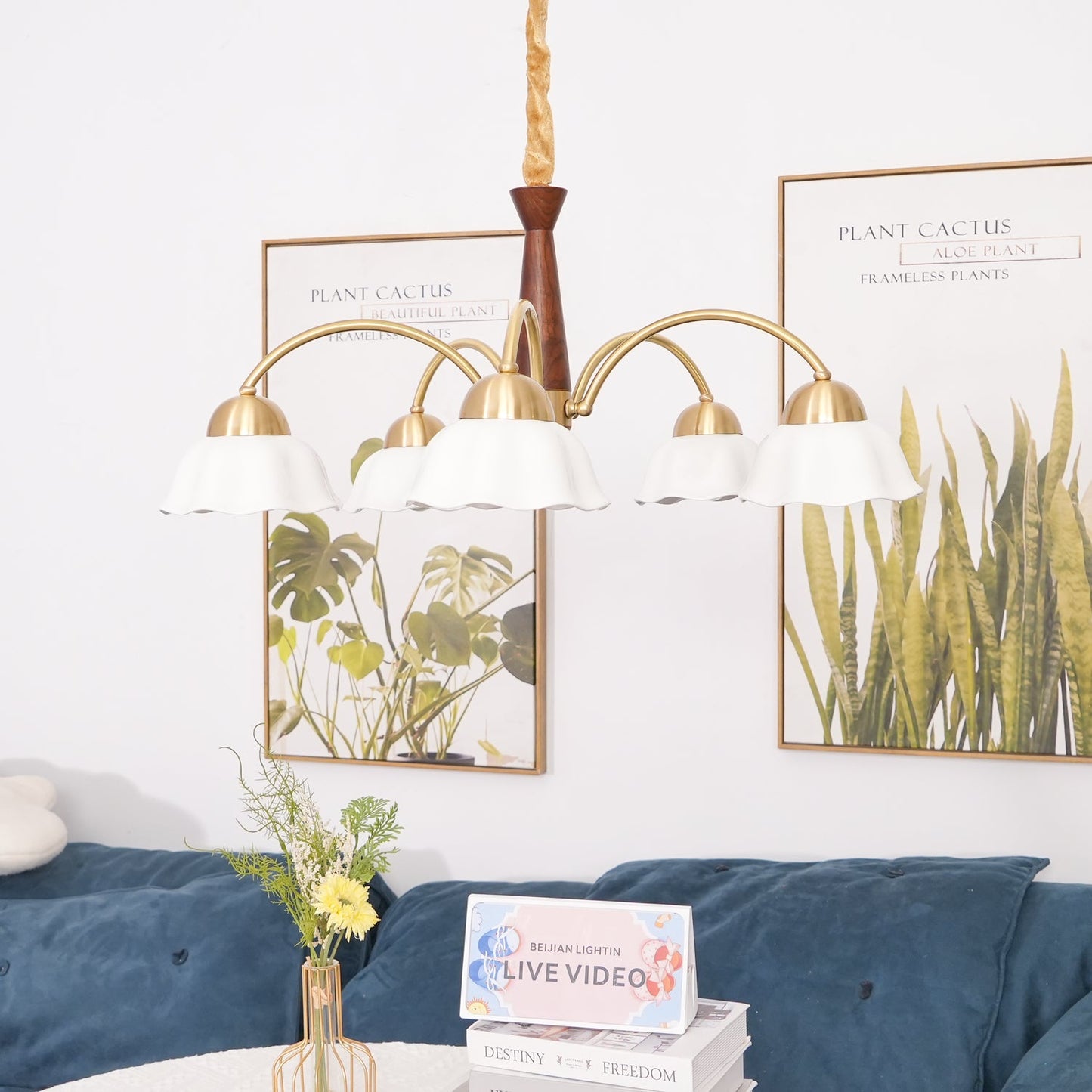 Mid Century Walnut and Brass Chandelier