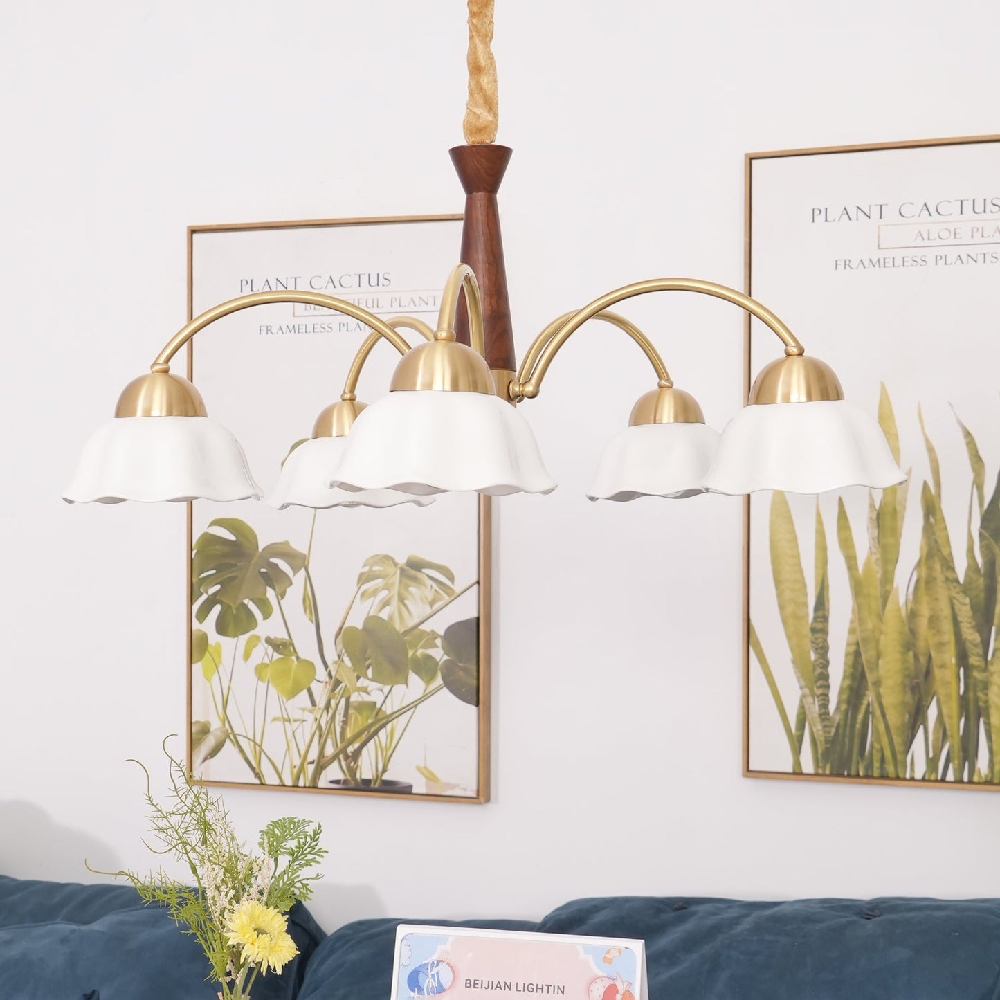 Mid Century Walnut and Brass Chandelier