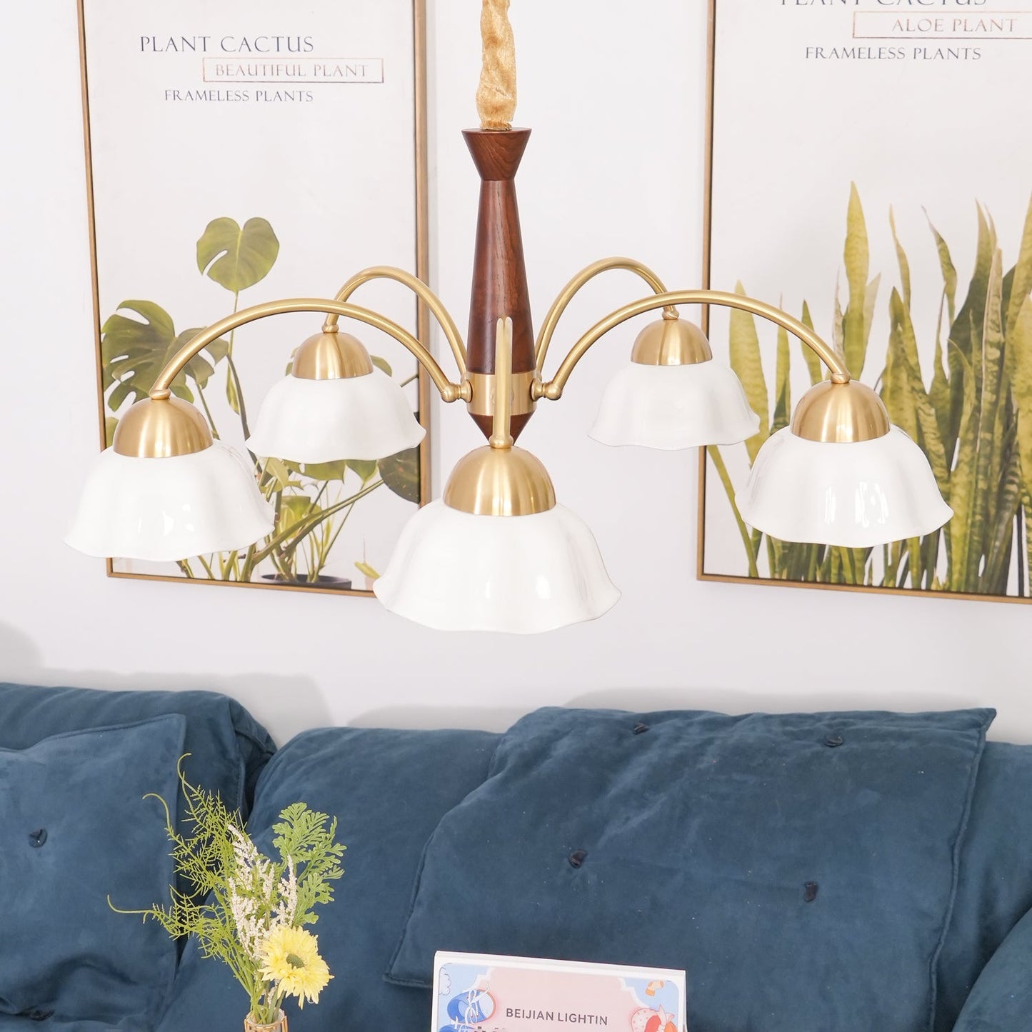 Mid Century Walnut and Brass Chandelier