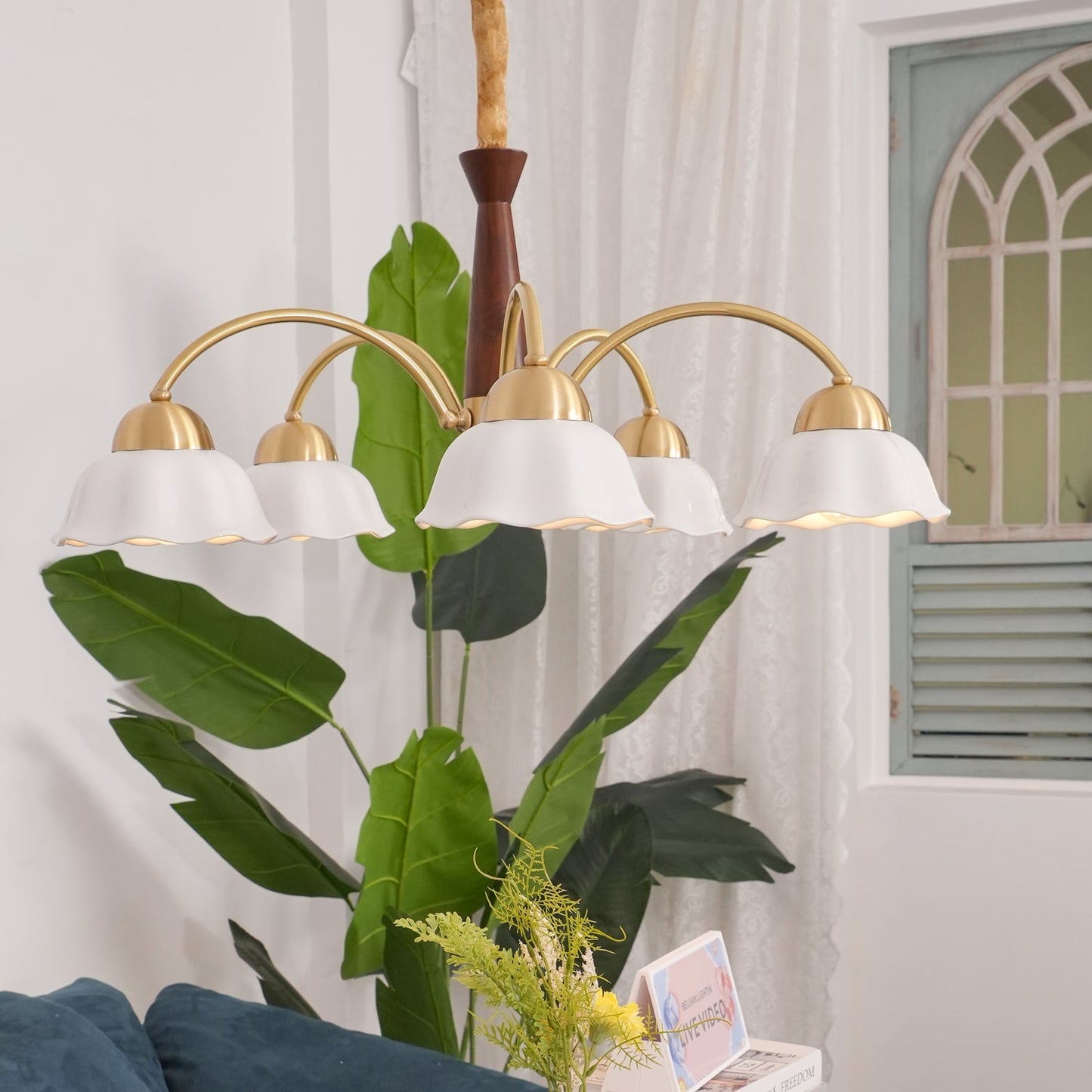 Mid Century Walnut and Brass Chandelier