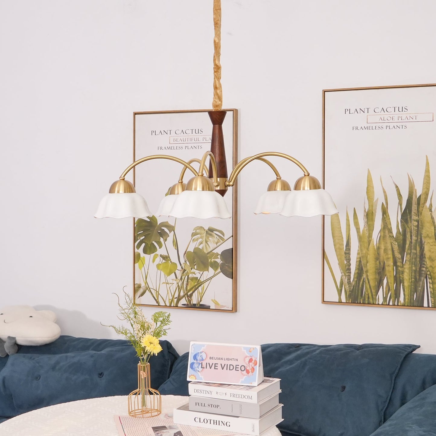 Mid Century Walnut and Brass Chandelier