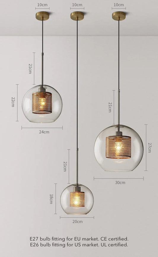 Mesh-Banded Glass Globe Pendant Light — Metal & Glass Shade in Sphere, Capsule & Oversized Silhouettes, Bronze Finish, E27 Modern Hanging Lamp for Kitchens, Bars, Bedrooms & Dining Rooms Erbstuk