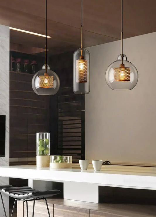 Mesh-Banded Glass Globe Pendant Light — Metal & Glass Shade in Sphere, Capsule & Oversized Silhouettes, Bronze Finish, E27 Modern Hanging Lamp for Kitchens, Bars, Bedrooms & Dining Rooms Erbstuk