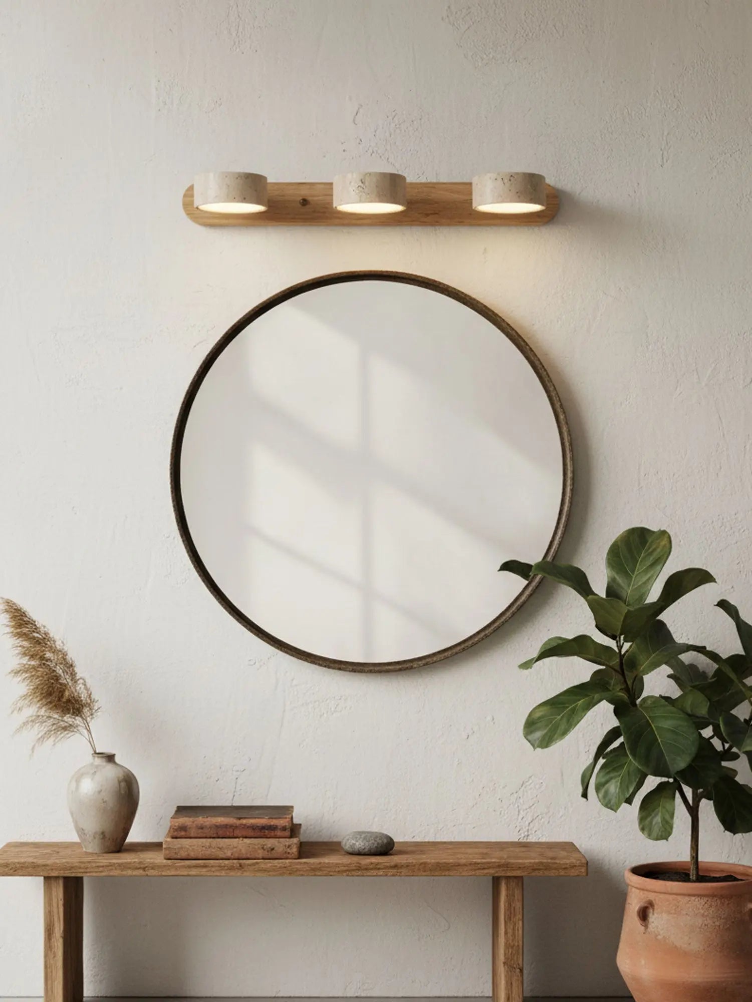 Travertine Stone Duo Wall Light — Rotatable Round LED Sconce for Bathroom Vanity, Dressing Table and Mirror Front, Sculptural Wood and Stone Wall Lamp Erbstuk
