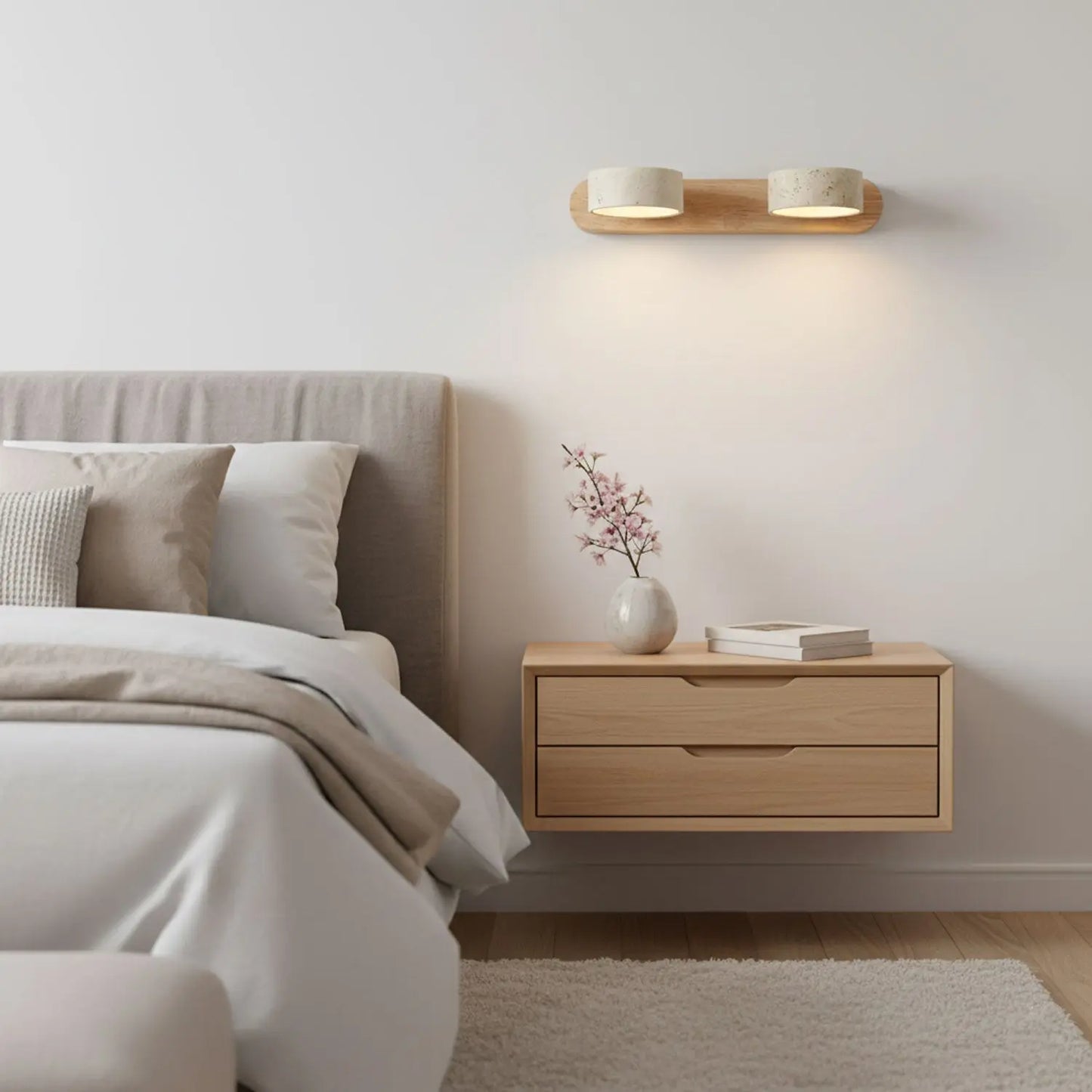 Travertine Stone Duo Wall Light — Rotatable Round LED Sconce for Bathroom Vanity, Dressing Table and Mirror Front, Sculptural Wood and Stone Wall Lamp Erbstuk