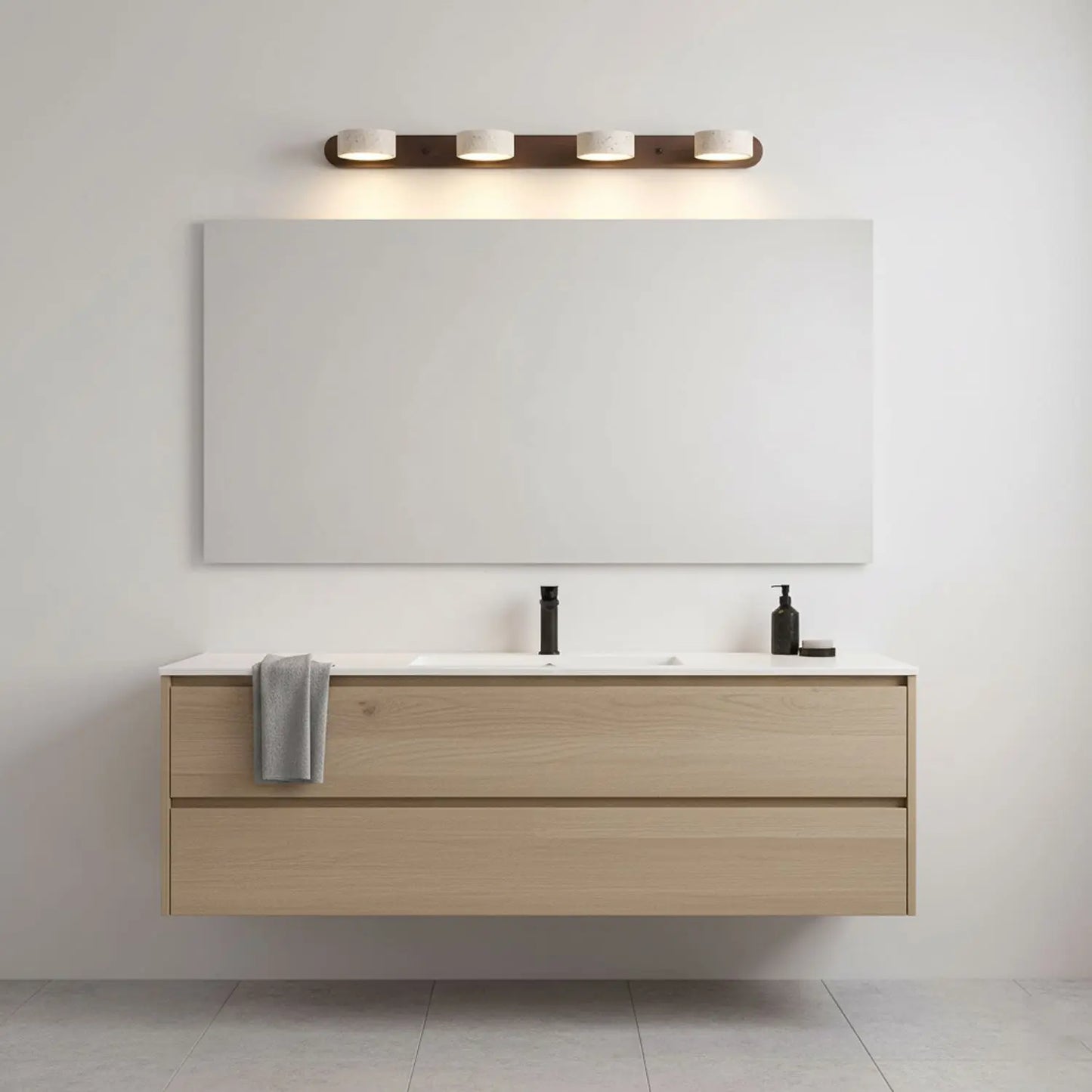 Travertine Stone Duo Wall Light — Rotatable Round LED Sconce for Bathroom Vanity, Dressing Table and Mirror Front, Sculptural Wood and Stone Wall Lamp Erbstuk