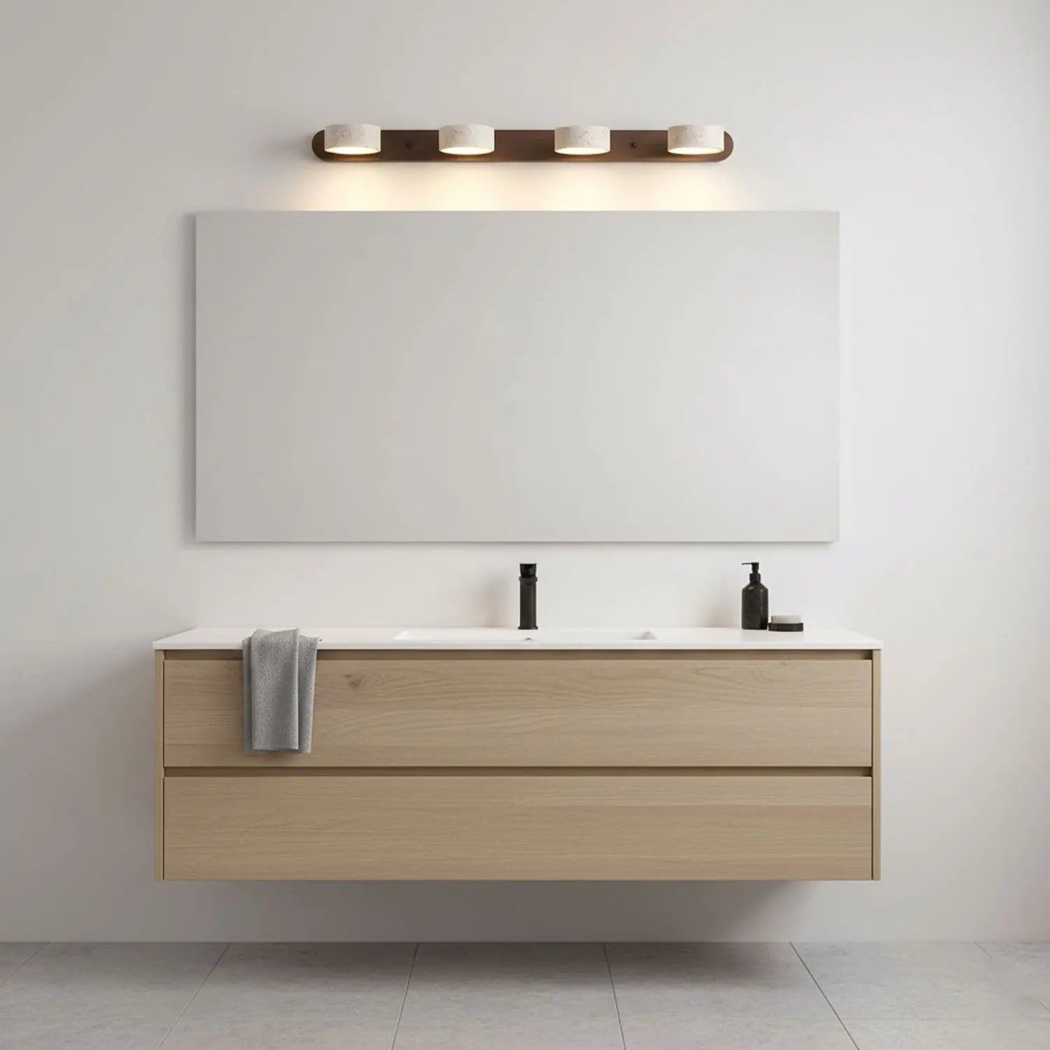 Travertine Stone Duo Wall Light — Rotatable Round LED Sconce for Bathroom Vanity, Dressing Table and Mirror Front, Sculptural Wood and Stone Wall Lamp Erbstuk