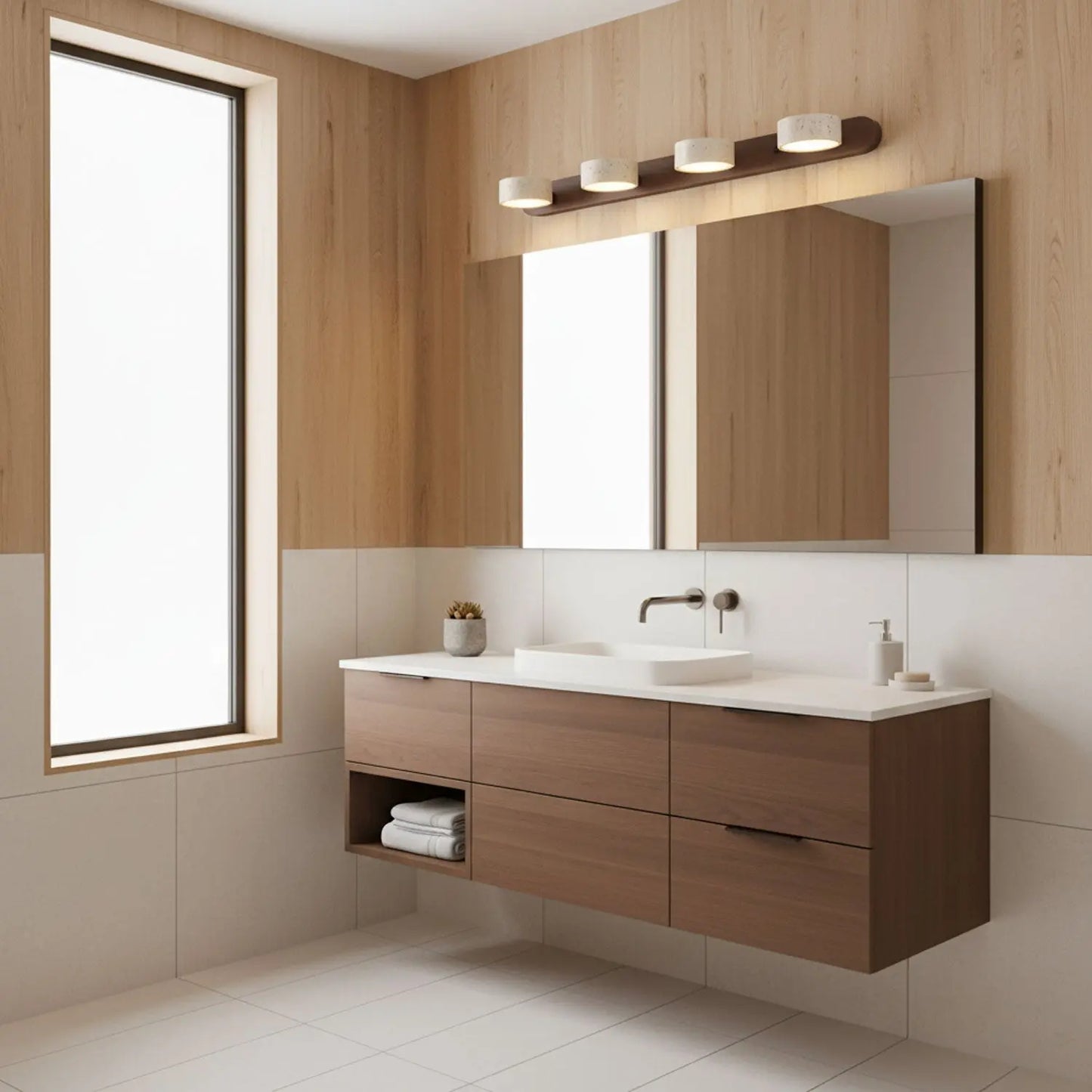 Travertine Stone Duo Wall Light — Rotatable Round LED Sconce for Bathroom Vanity, Dressing Table and Mirror Front, Sculptural Wood and Stone Wall Lamp Erbstuk