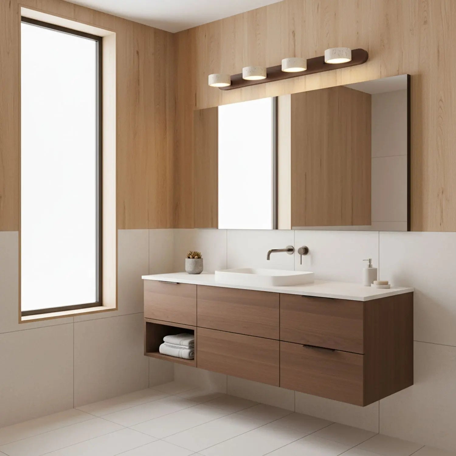 Travertine Stone Duo Wall Light — Rotatable Round LED Sconce for Bathroom Vanity, Dressing Table and Mirror Front, Sculptural Wood and Stone Wall Lamp Erbstuk